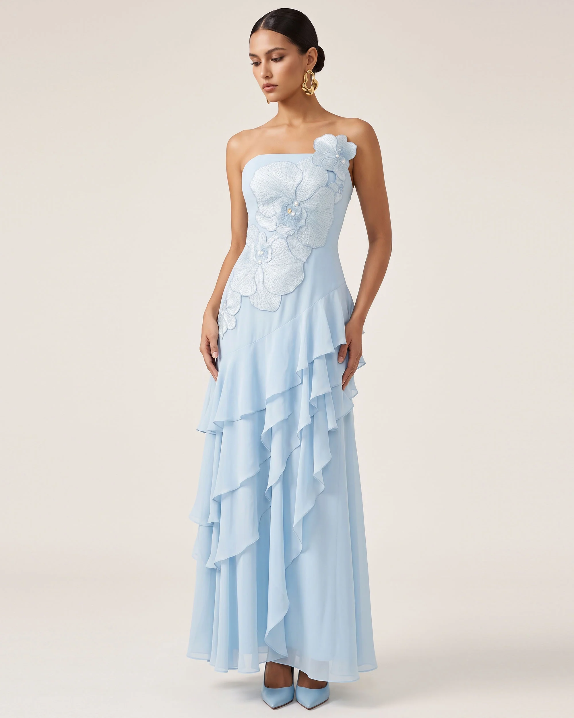 Orchid Embroidered Strapless Layered Maxi Dress - Light Blue