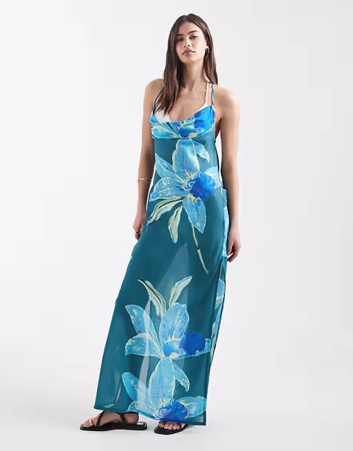 Aray sheer beach maxi dress in blue floral print