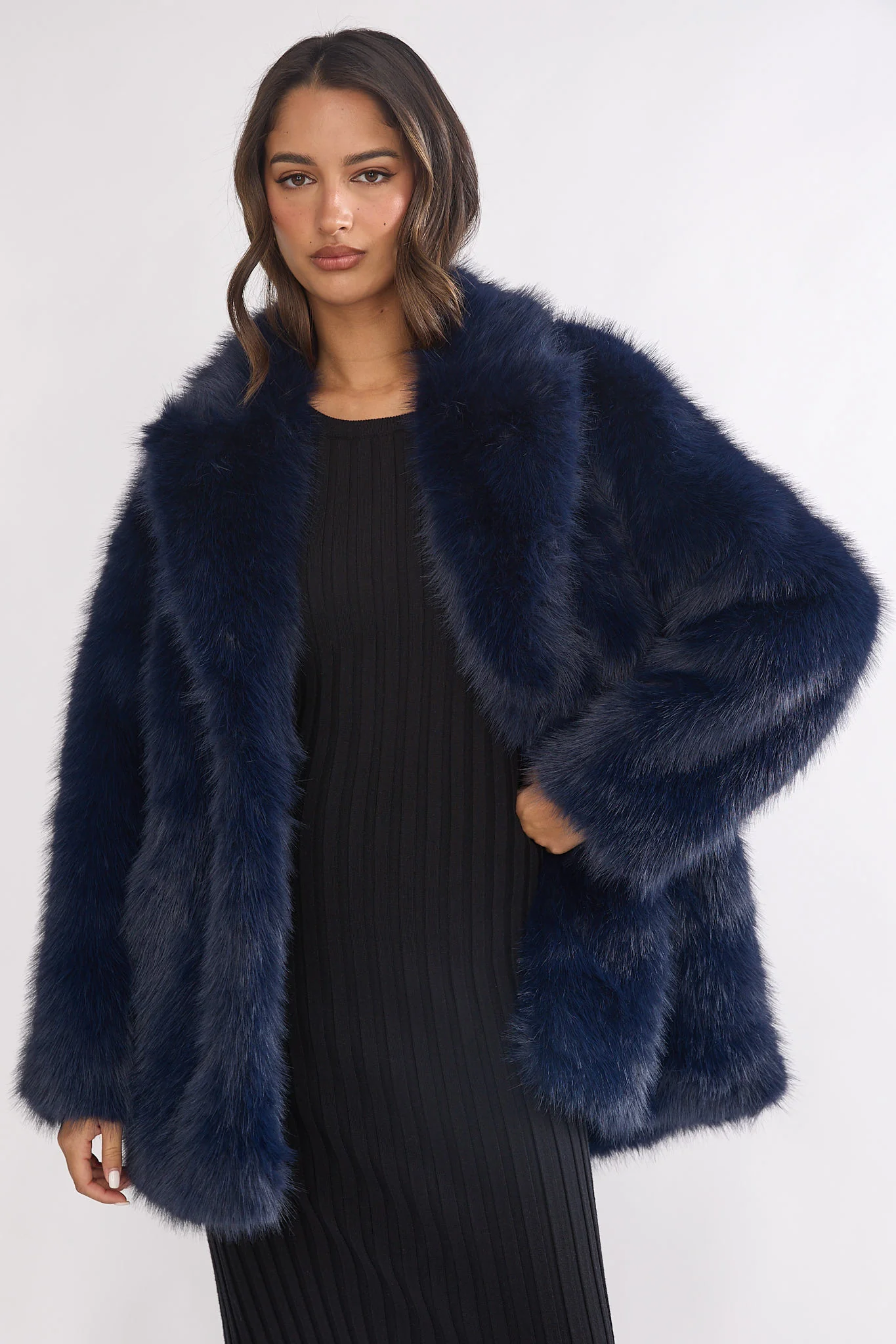 Rilani Faux Fur Pocket Coat Navy