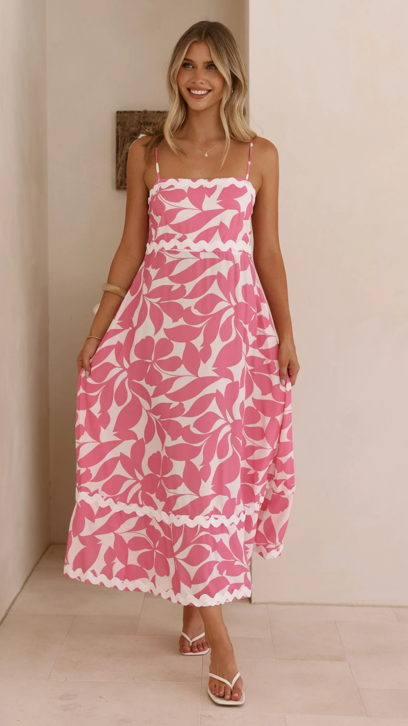 Seraphina Midi Dress - Fuchsia/White Print
