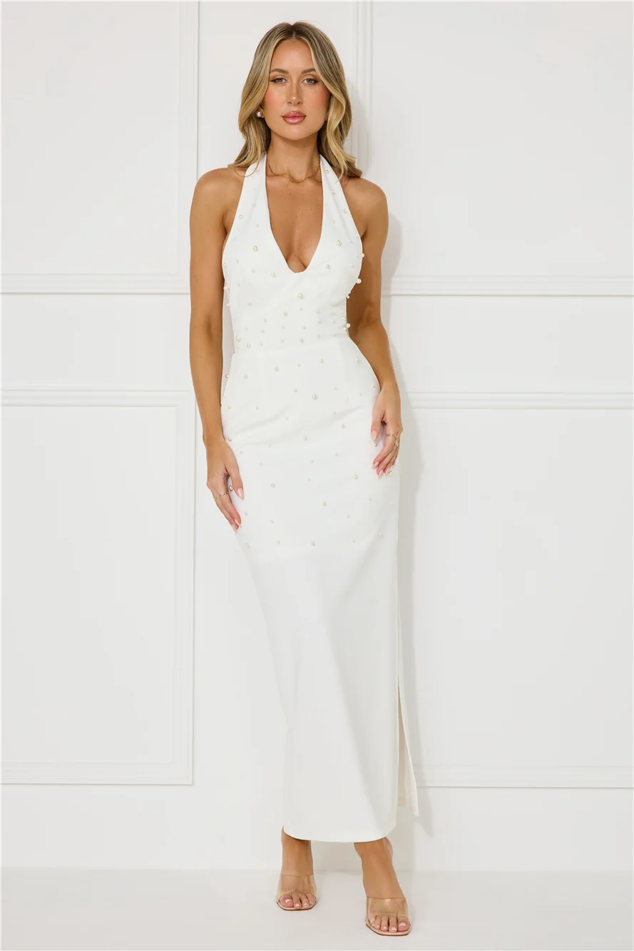 Ocean Beauty Halter Pearl Maxi Dress White