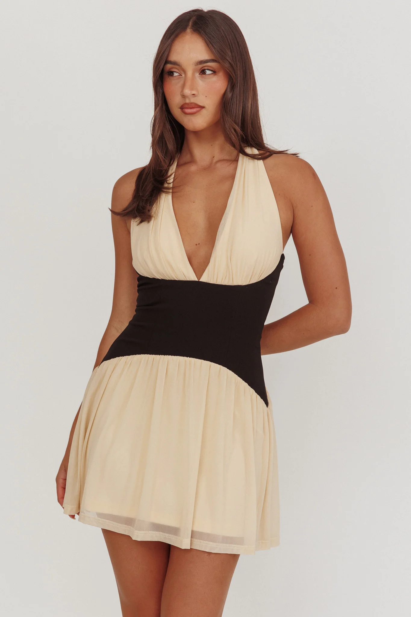 Milos Contrast Halter Mini Dress Cream