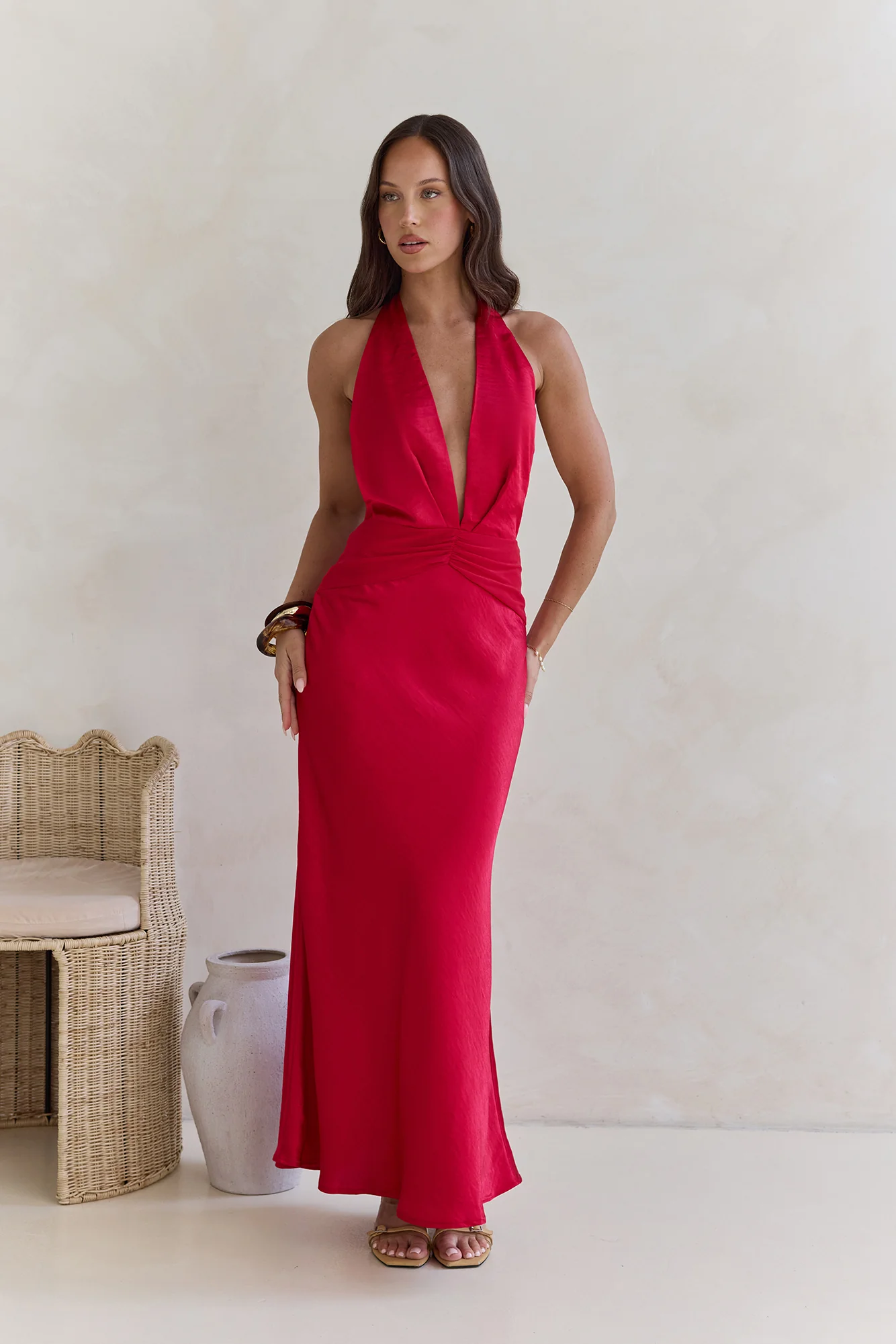 Got A Feeling Halter Satin Maxi Dress Red - luluinthesky