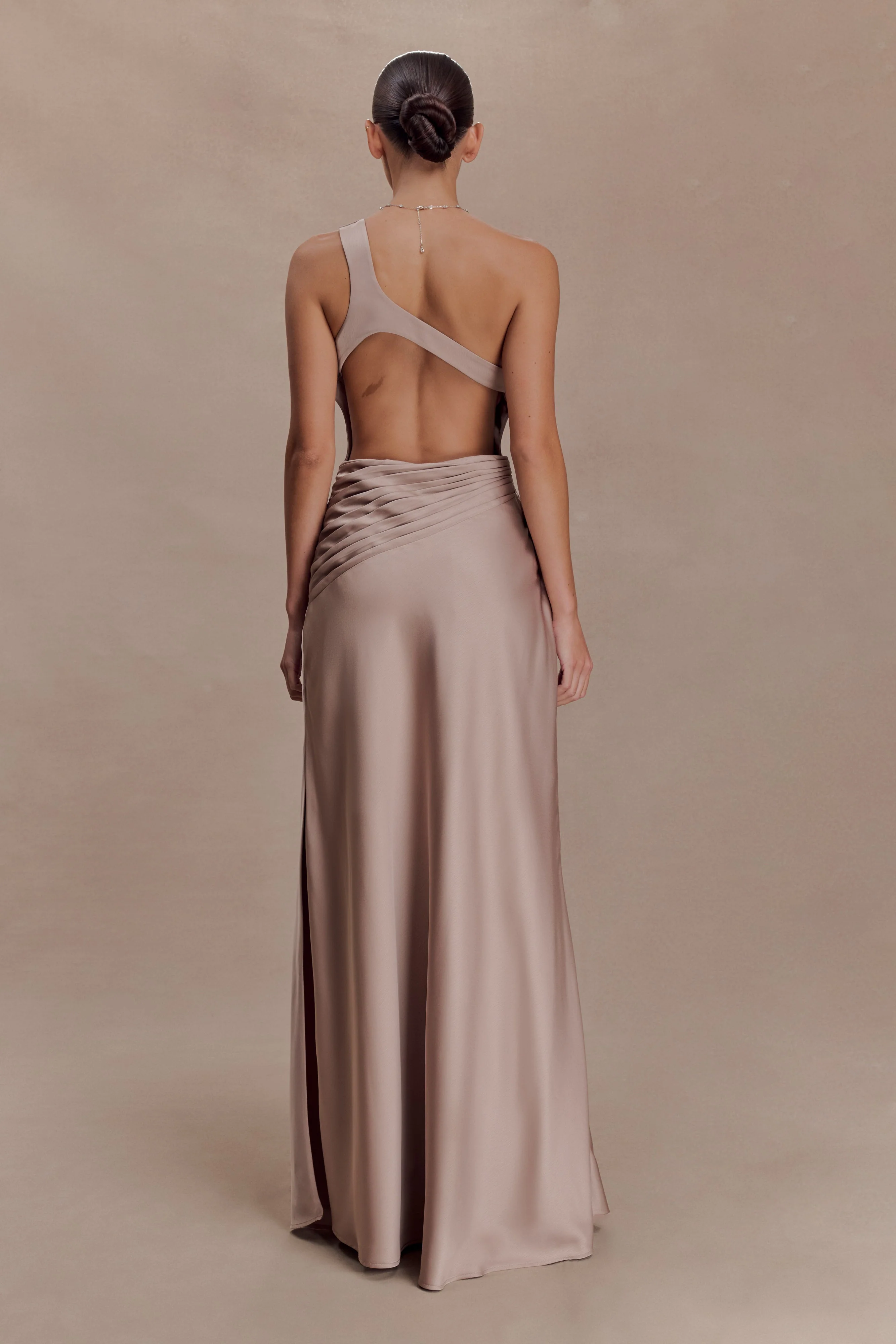 Lyla Asymmetrical Satin Maxi Dress - Bronze Taupe