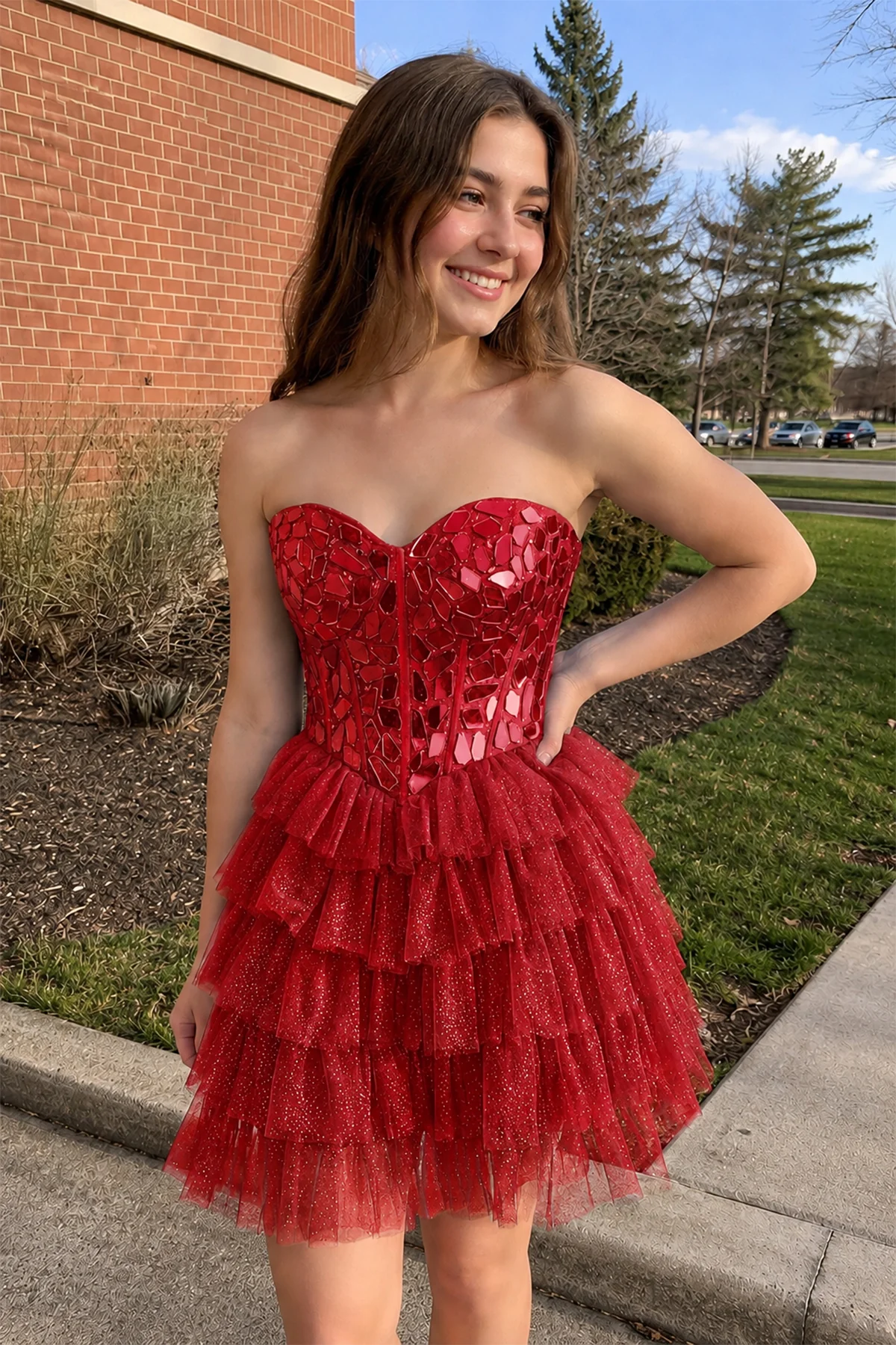 Sparkly Champagne Sweetheart A-Line Tulle Tiered Homecoming Dress