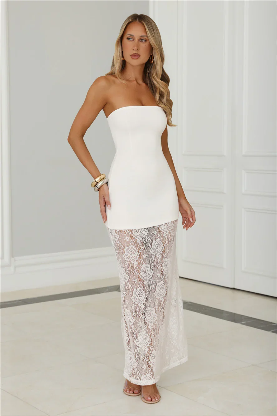 Polished Piece Strapless Lace Maxi Dress White