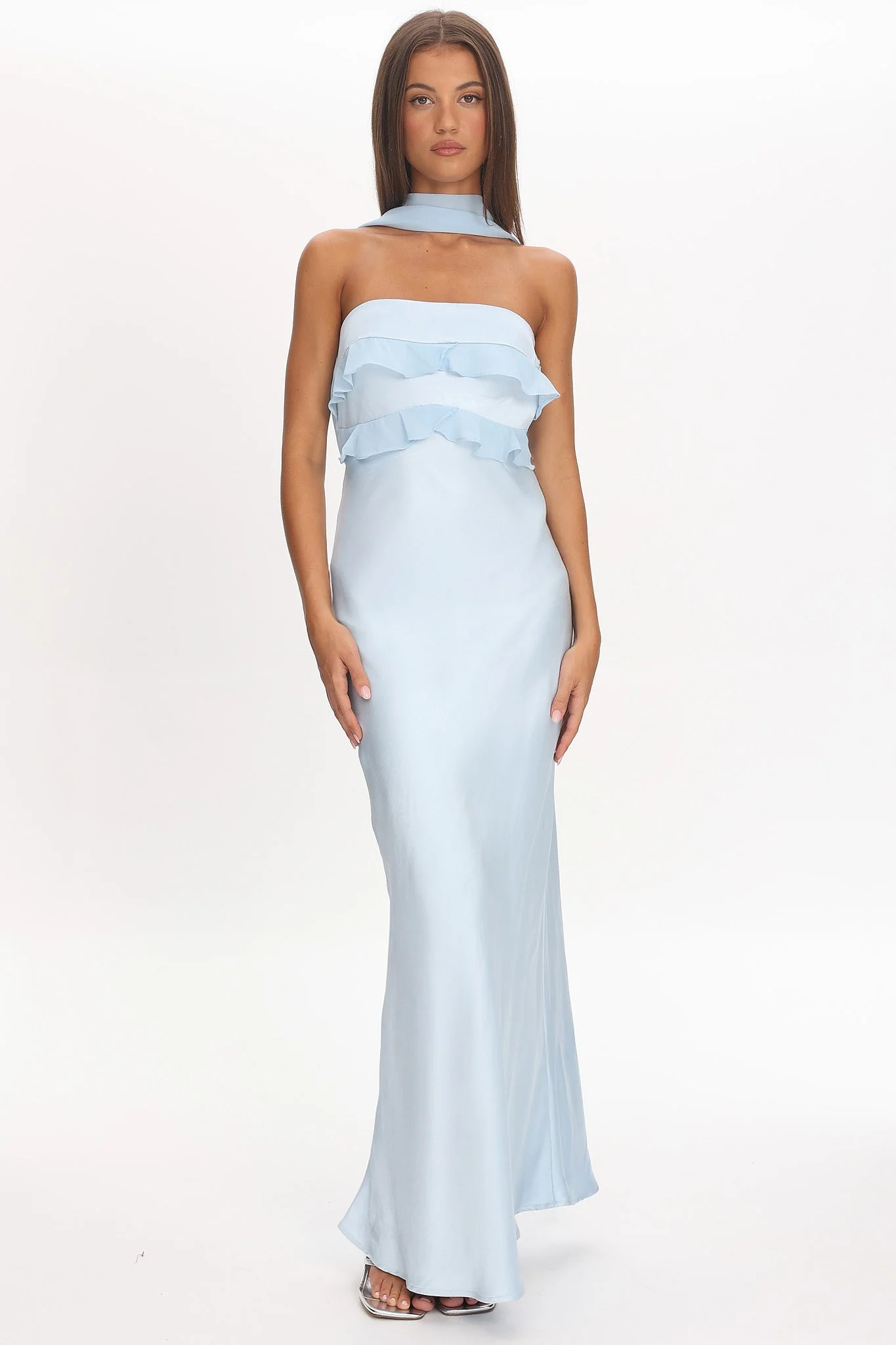 Damsel Reverse Halter Frill Trim Maxi Dress Baby Blue