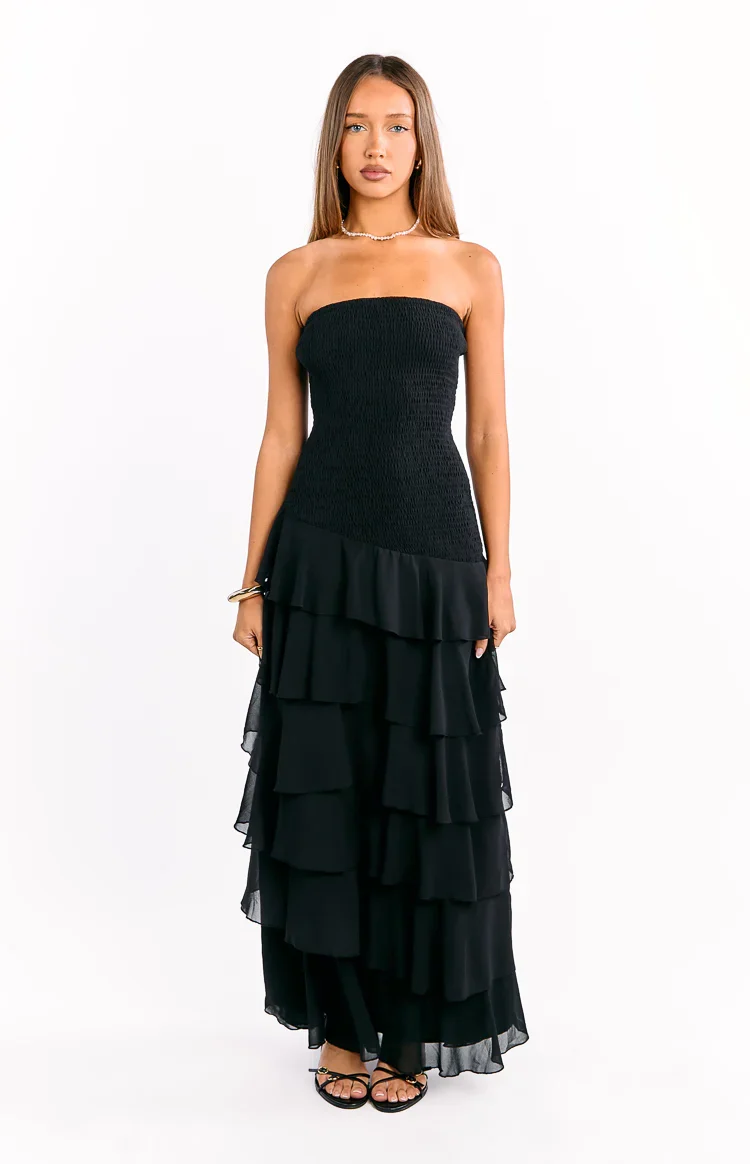 Riles Black Strapless Ruffle Maxi Dress