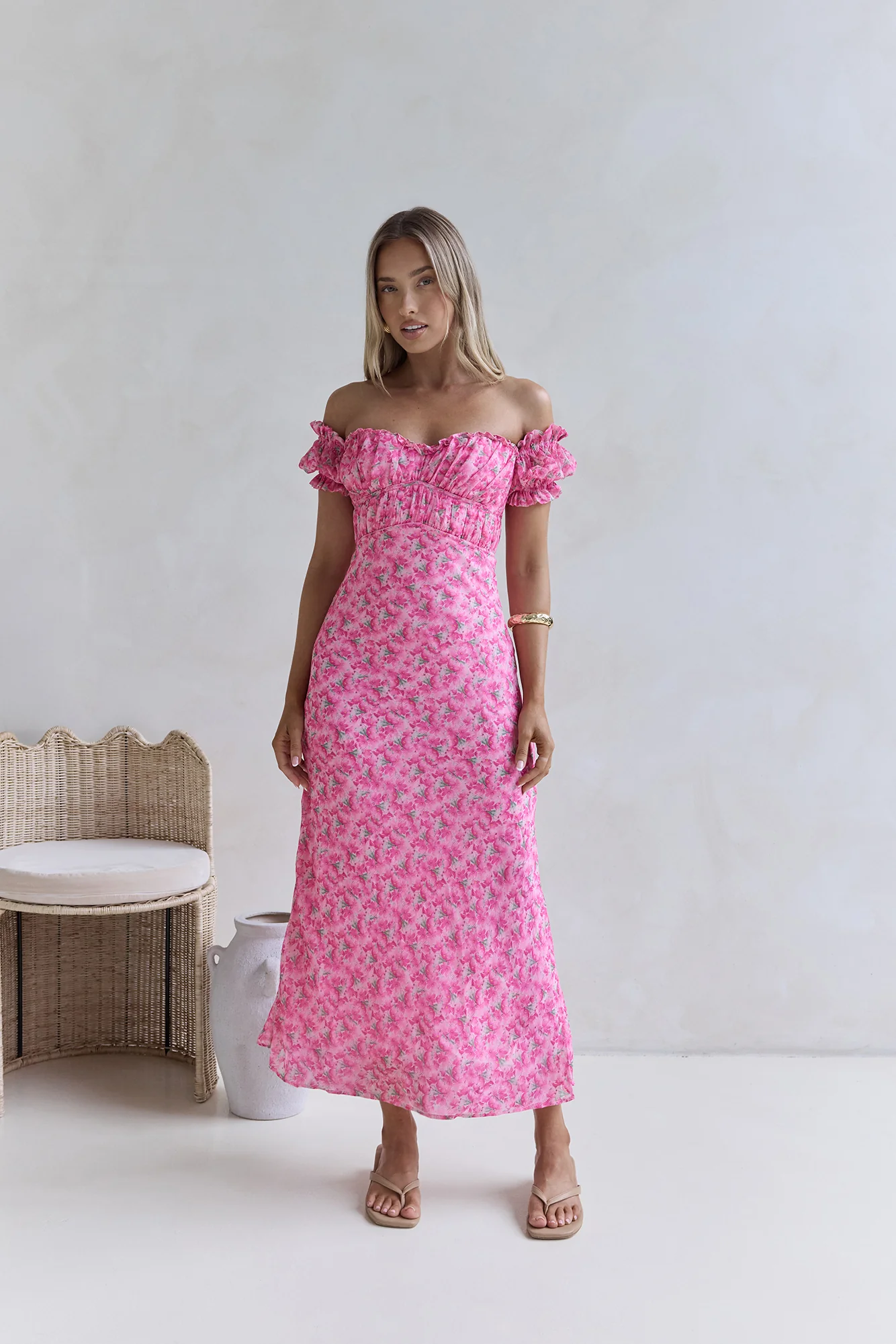 Kissed By The Sun Off Shoulder Maxi Dress Pink