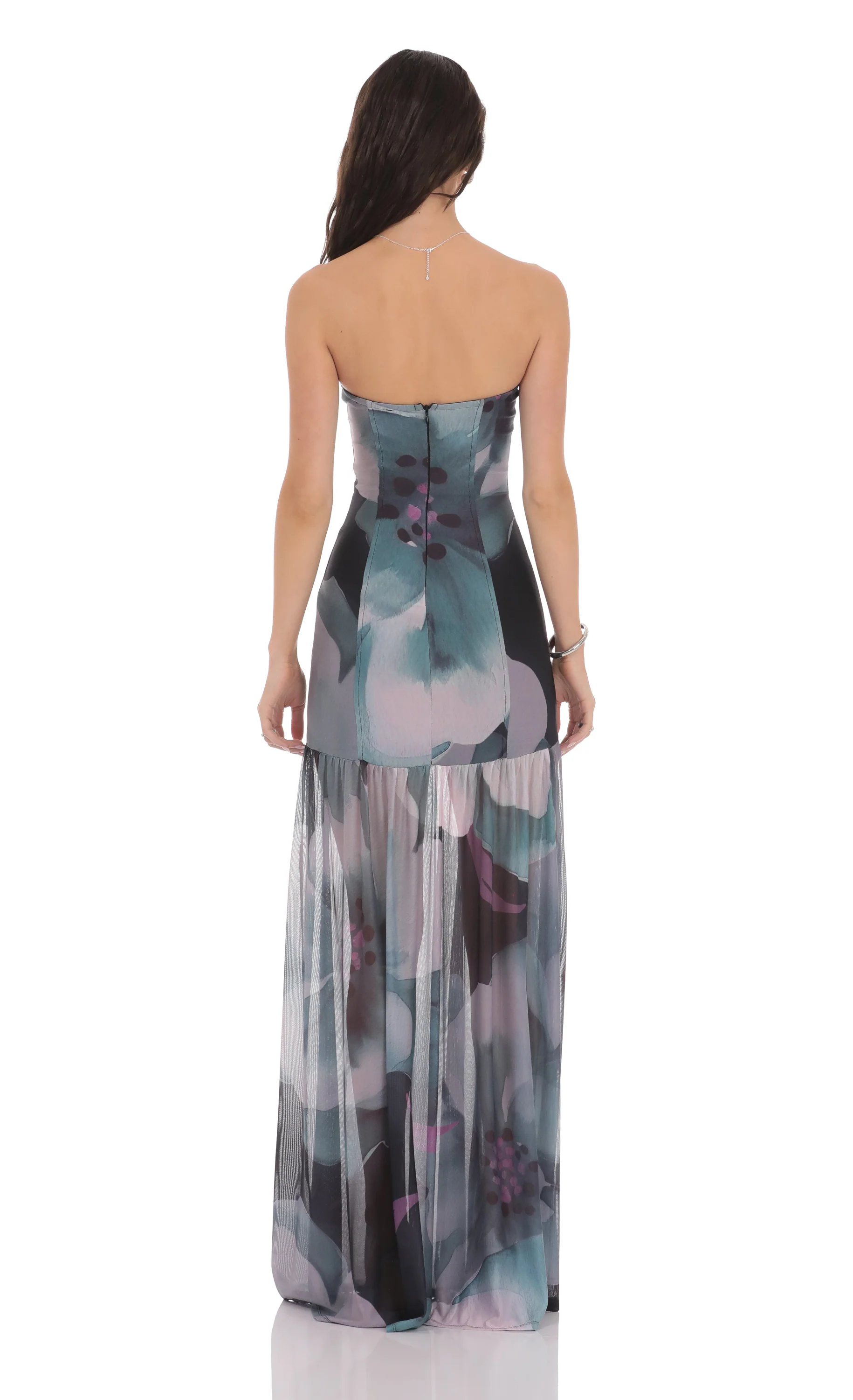 Floral Mesh Strapless Maxi Dress in Navy