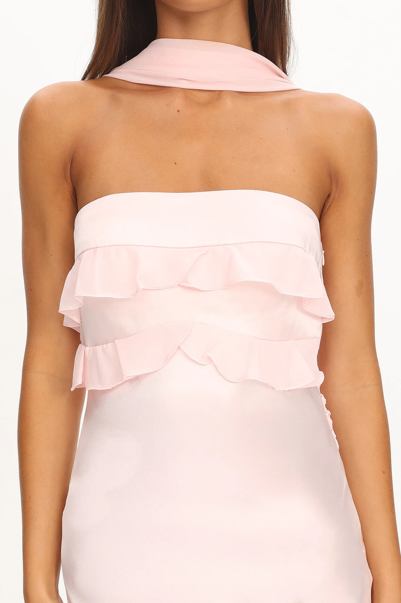 Damsel Reverse Halter Frill Trim Maxi Dress Blush - luluinthesky