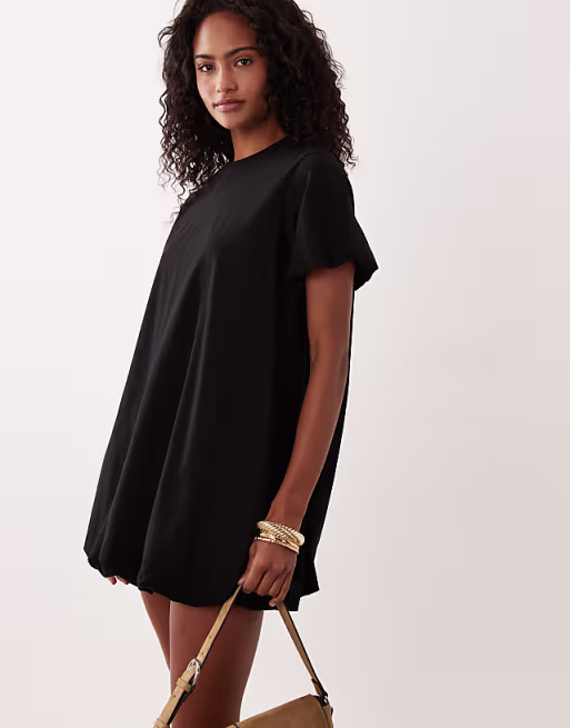 short puff sleeve bubble mini dress in black