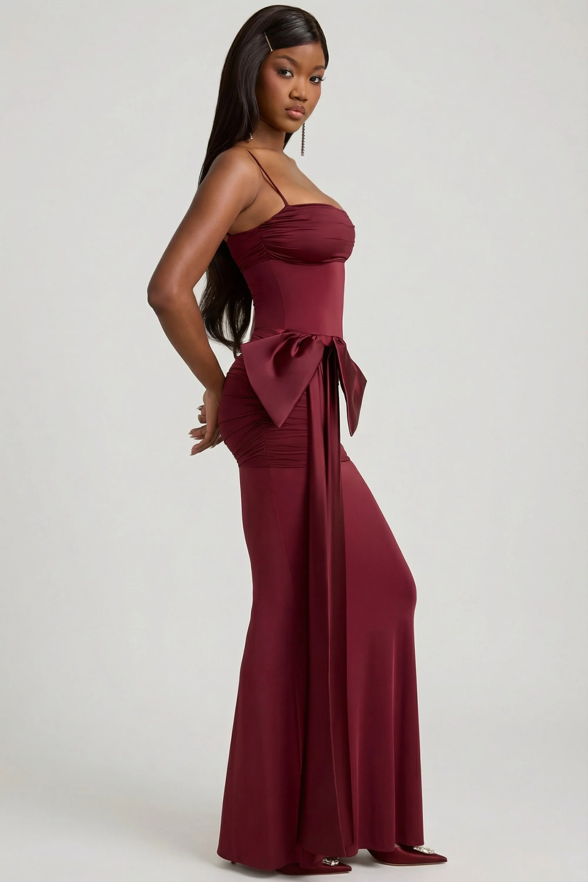 Bow-Detail Ruched Maxi Dress in Wine Red
