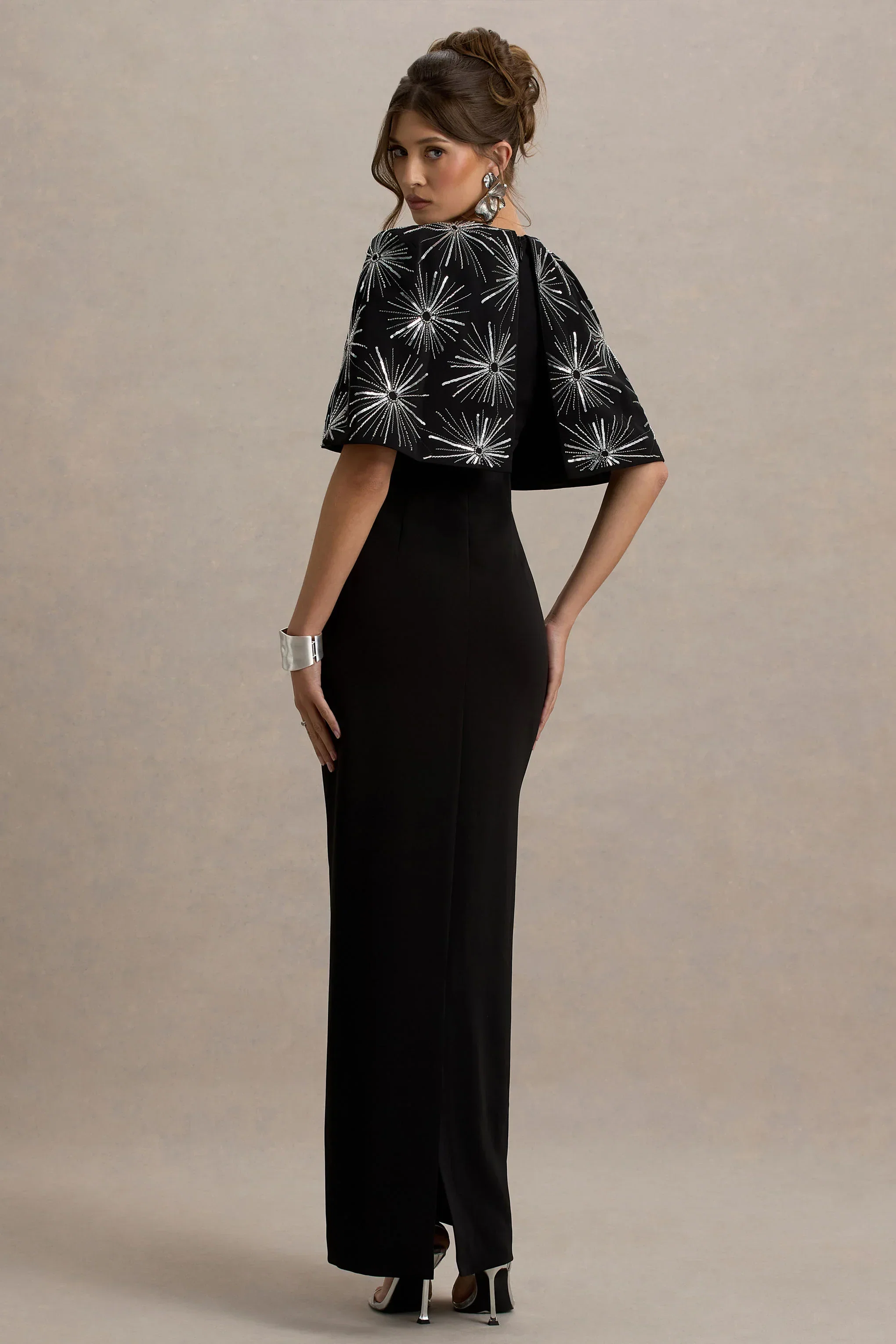 Agnella | Black Embellished V-Neck Maxi Dress