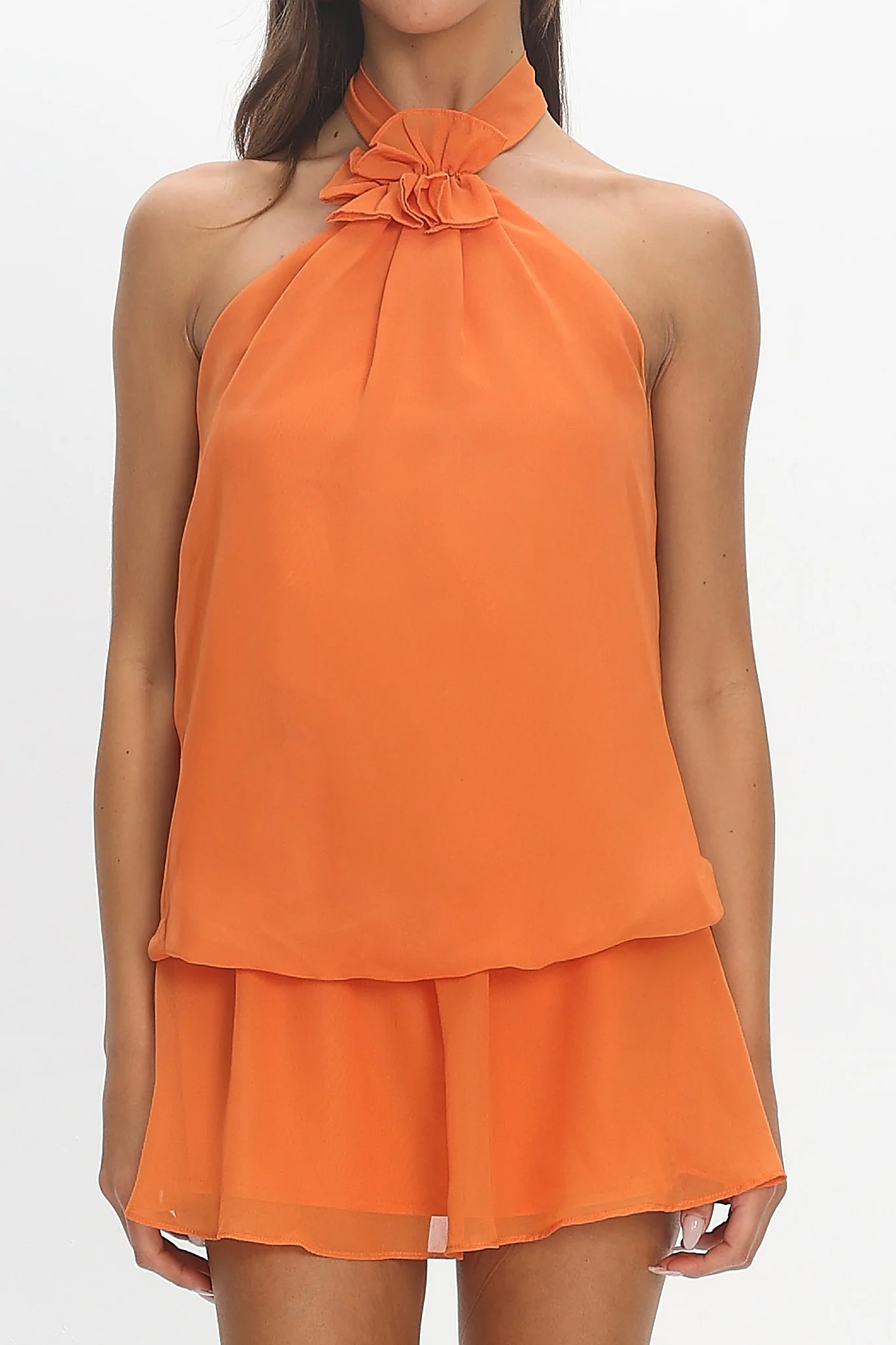 Aniyah Layered Halter Mini Dress Tangerine - luluinthesky