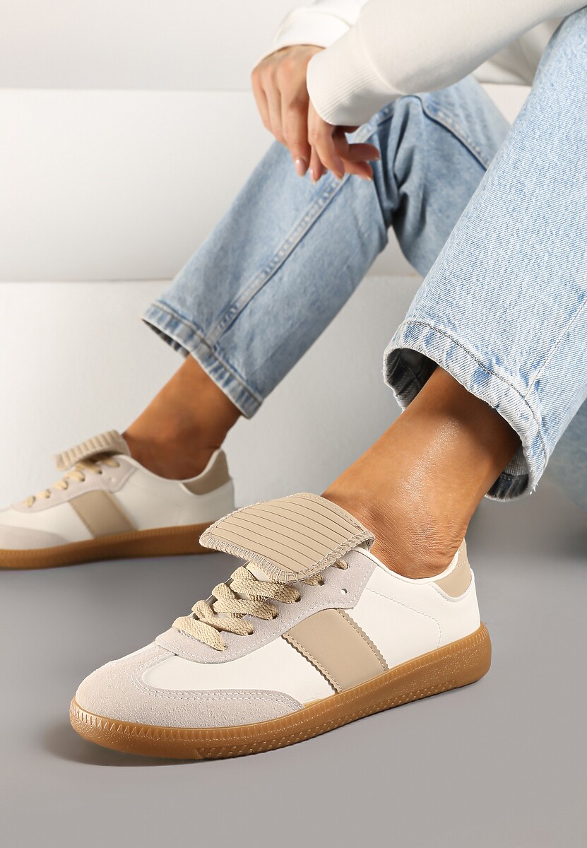 Beżowe Sznurowane Płaskie Sneakersy z Geometrycznym Wzorem Felilva