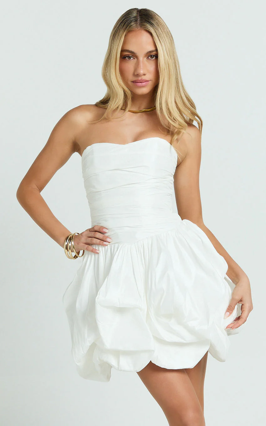 Deb Mini Dress - Ruched Strapless Bubble Hem Dress in Off White