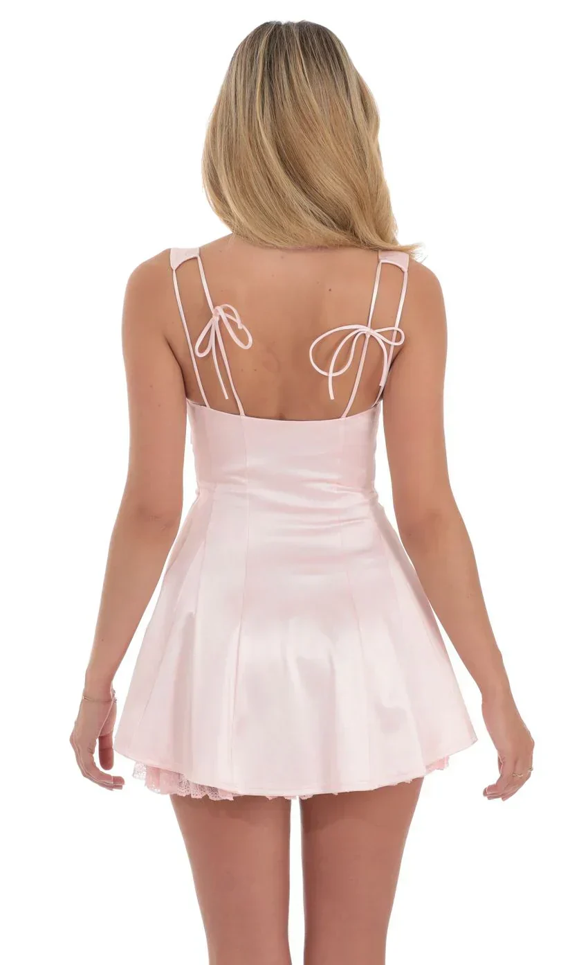 Double Bows Satin Ruffle Dress In Pink