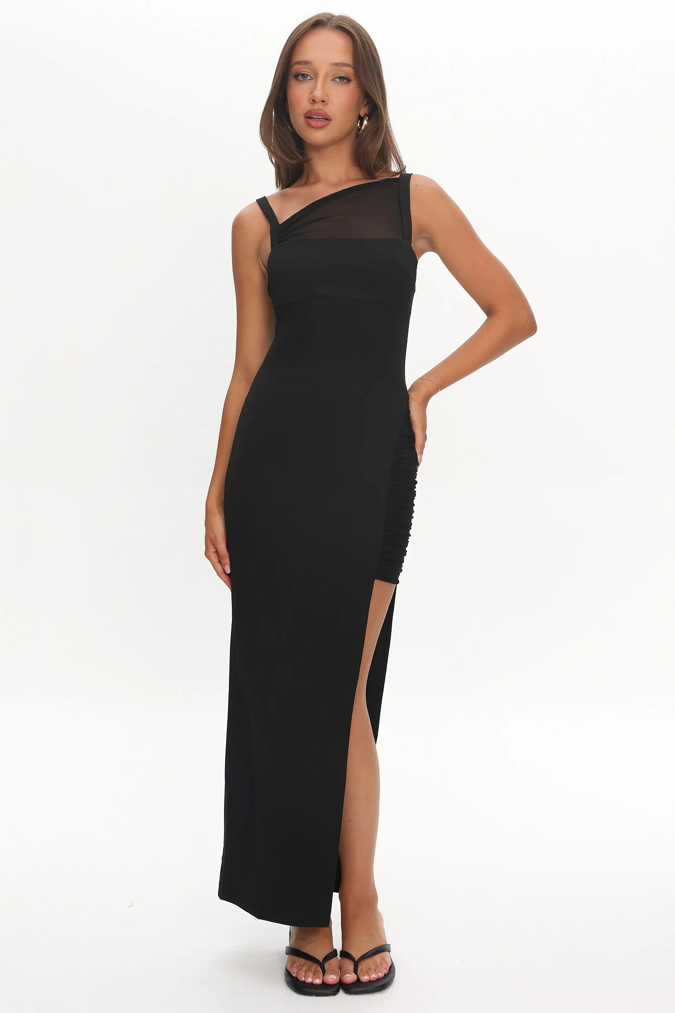 Zenya Split Ruched Midi Dress Black - luluinthesky