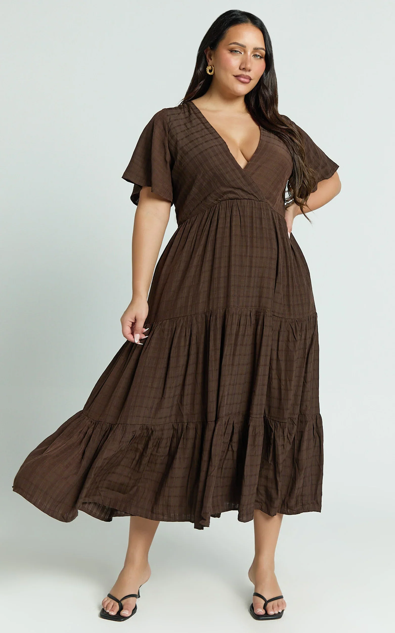 Cryzel Midi Dress - Flutter Sleeve Tiered Dress in Chocolate