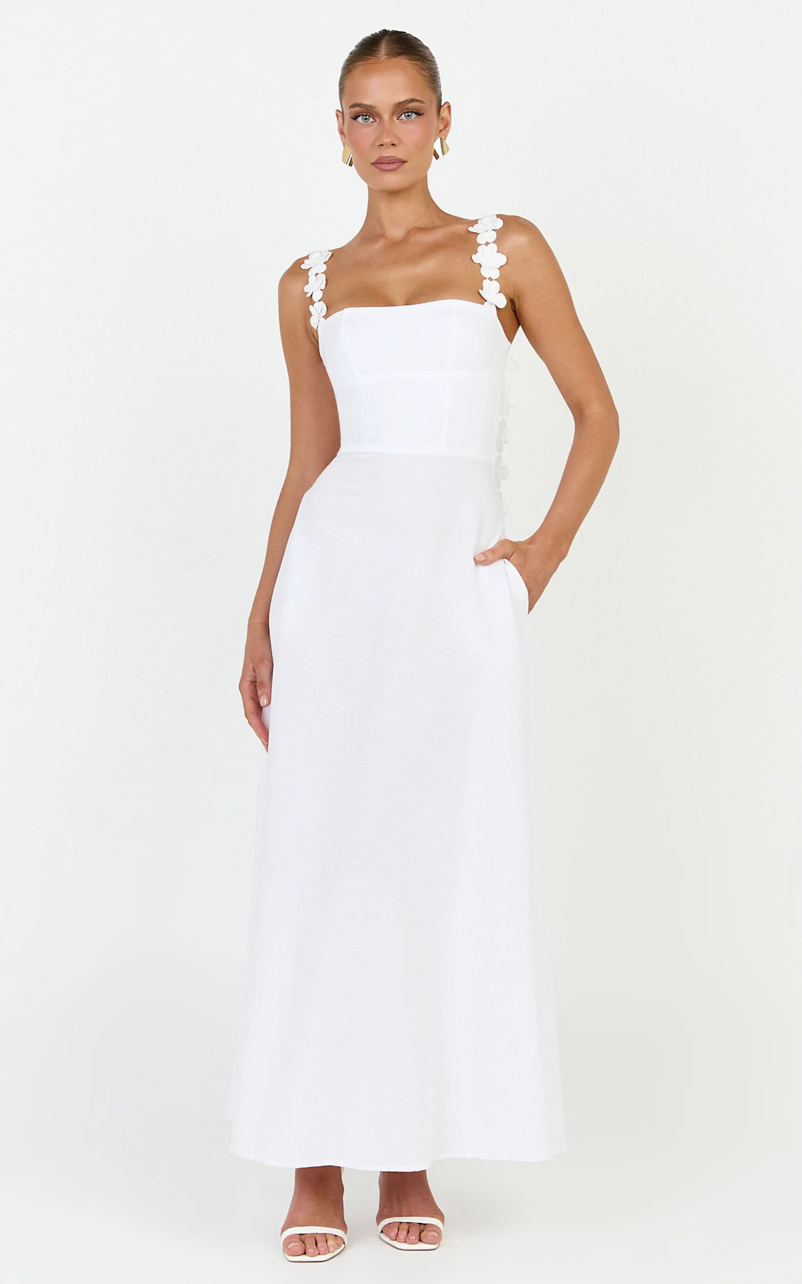 Clementine Midi Dress - 3D Floral Strap Dress in White