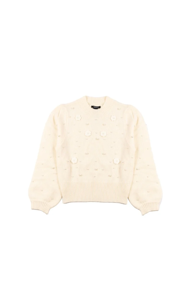 Floral Appliqué Faux Pearl Sweater