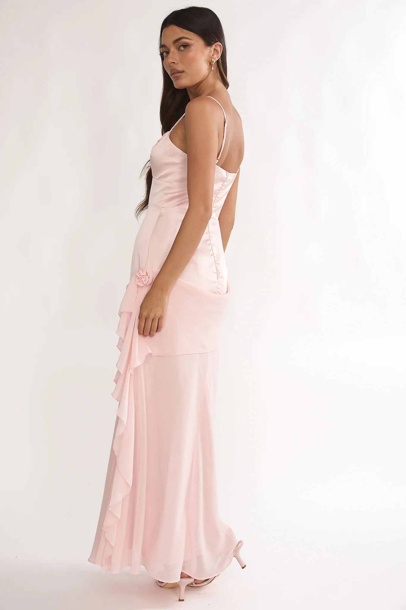 Rivena Rosette Chiffon Drape Maxi Dress Pink - luluinthesky