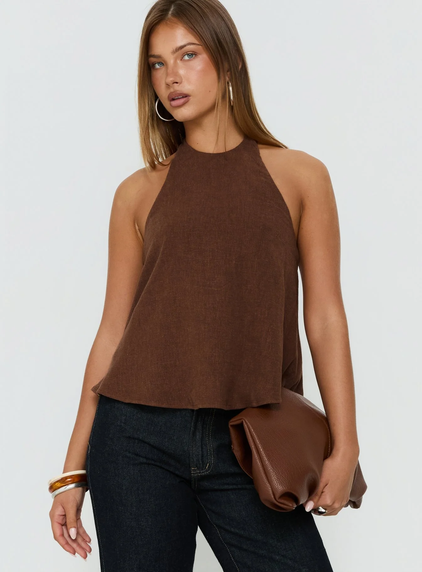 Aquaria Halter Linen Blend Top Chocolate