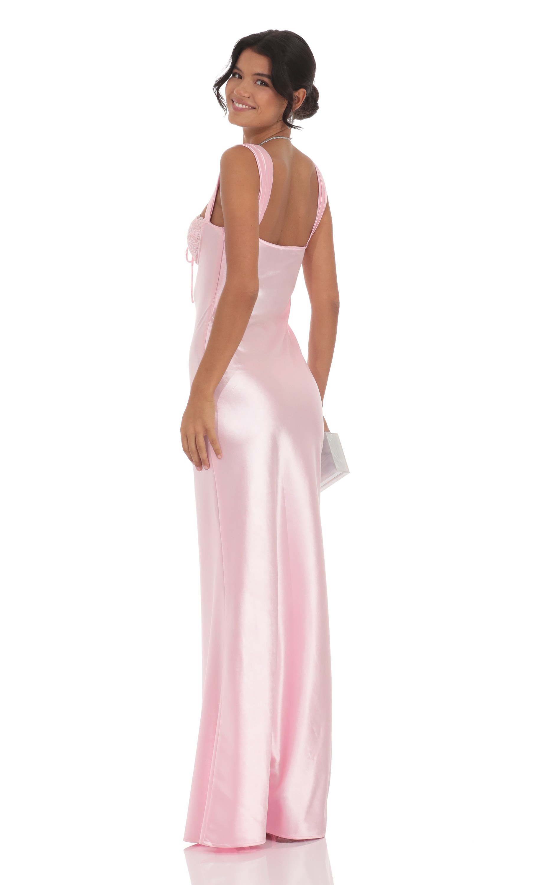 Satin Lace-Bust Dress in Pink - luluinthesky