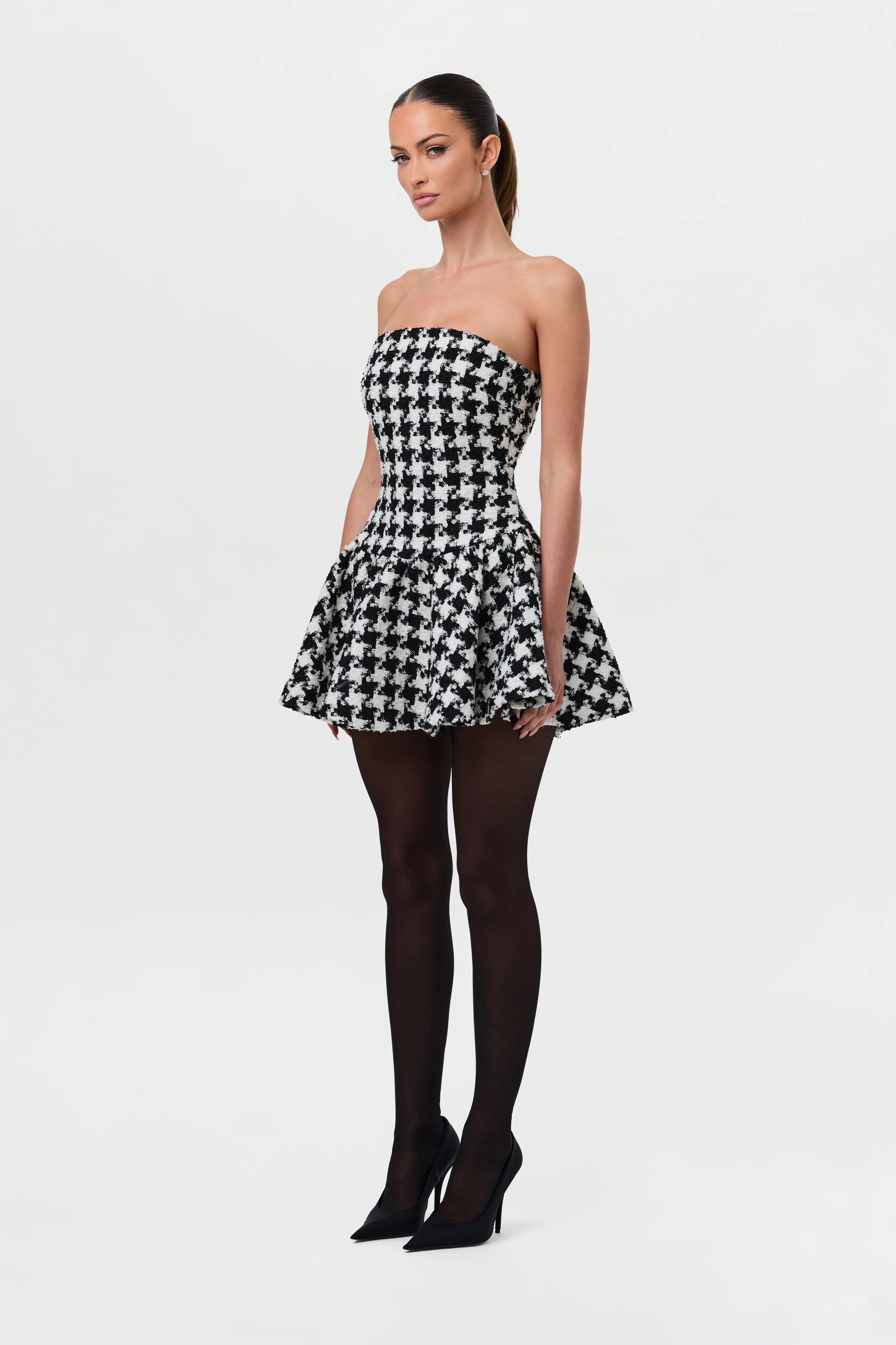 Houndstooth Peplum Tube Mini Dress