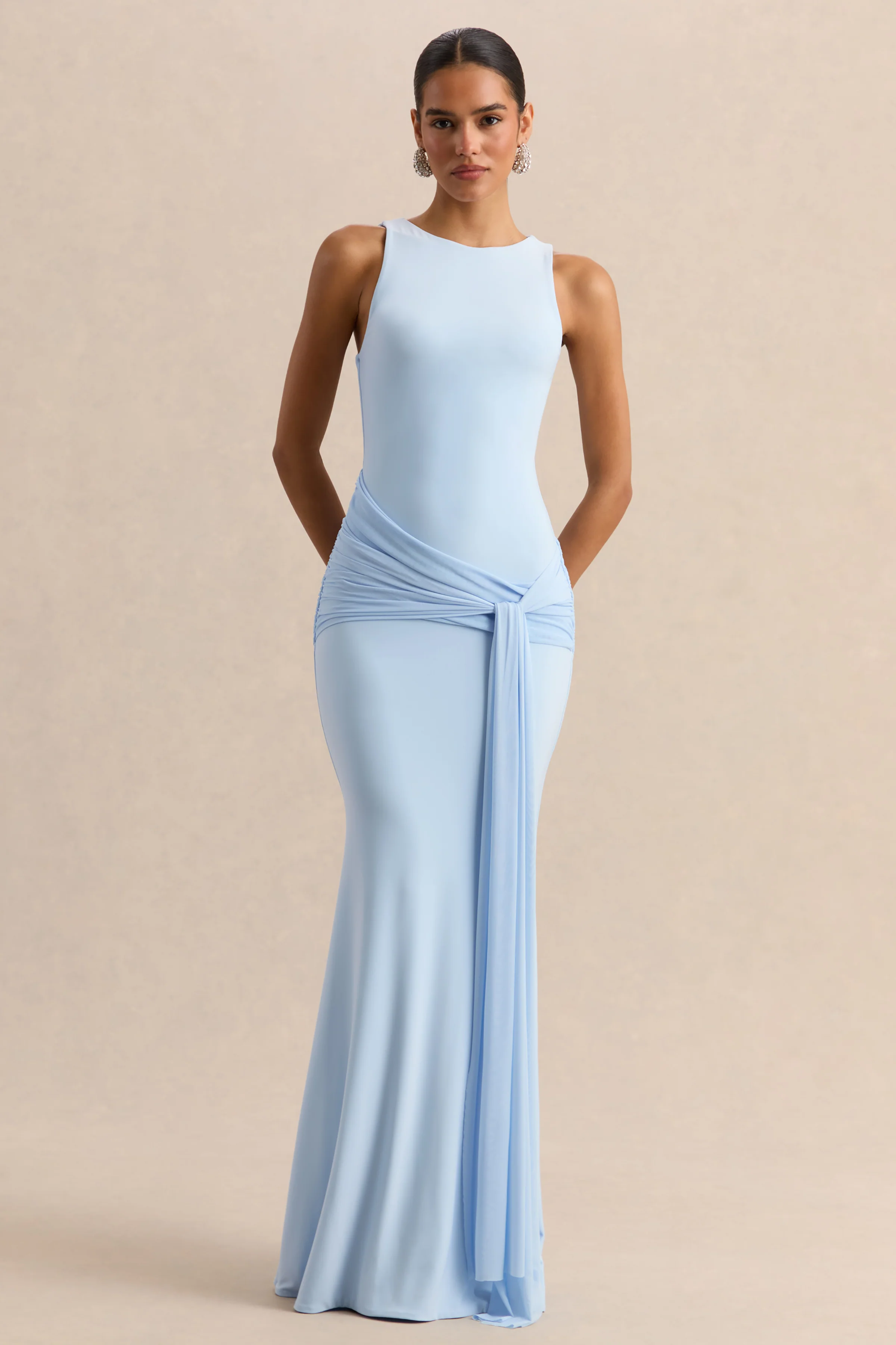 Mirene | Powder Blue Round-Neck Maxi-Dress With Gathered-Detailing And Sash