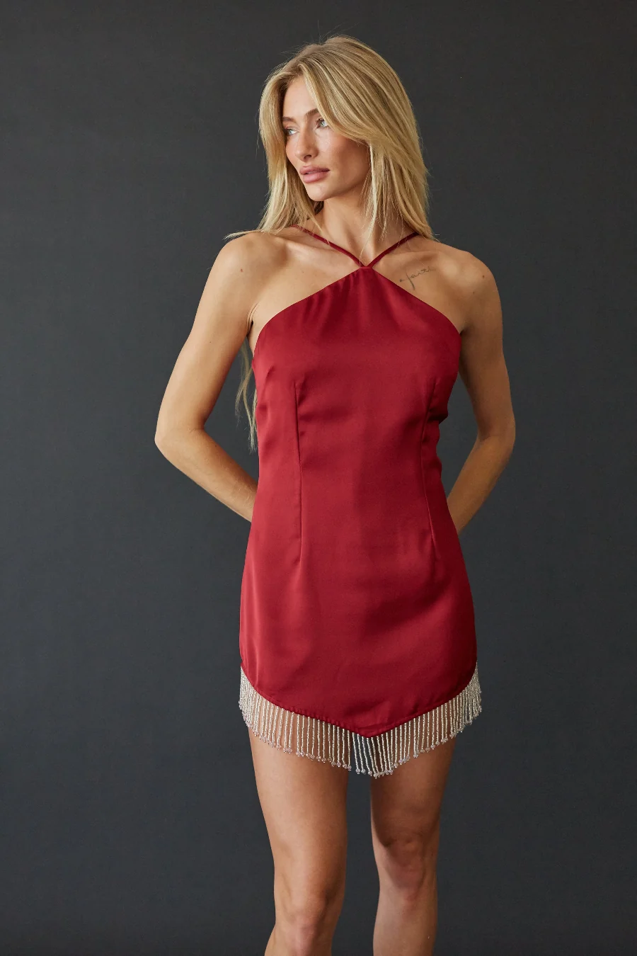 Keira Satin Beaded Trim Mini Dress