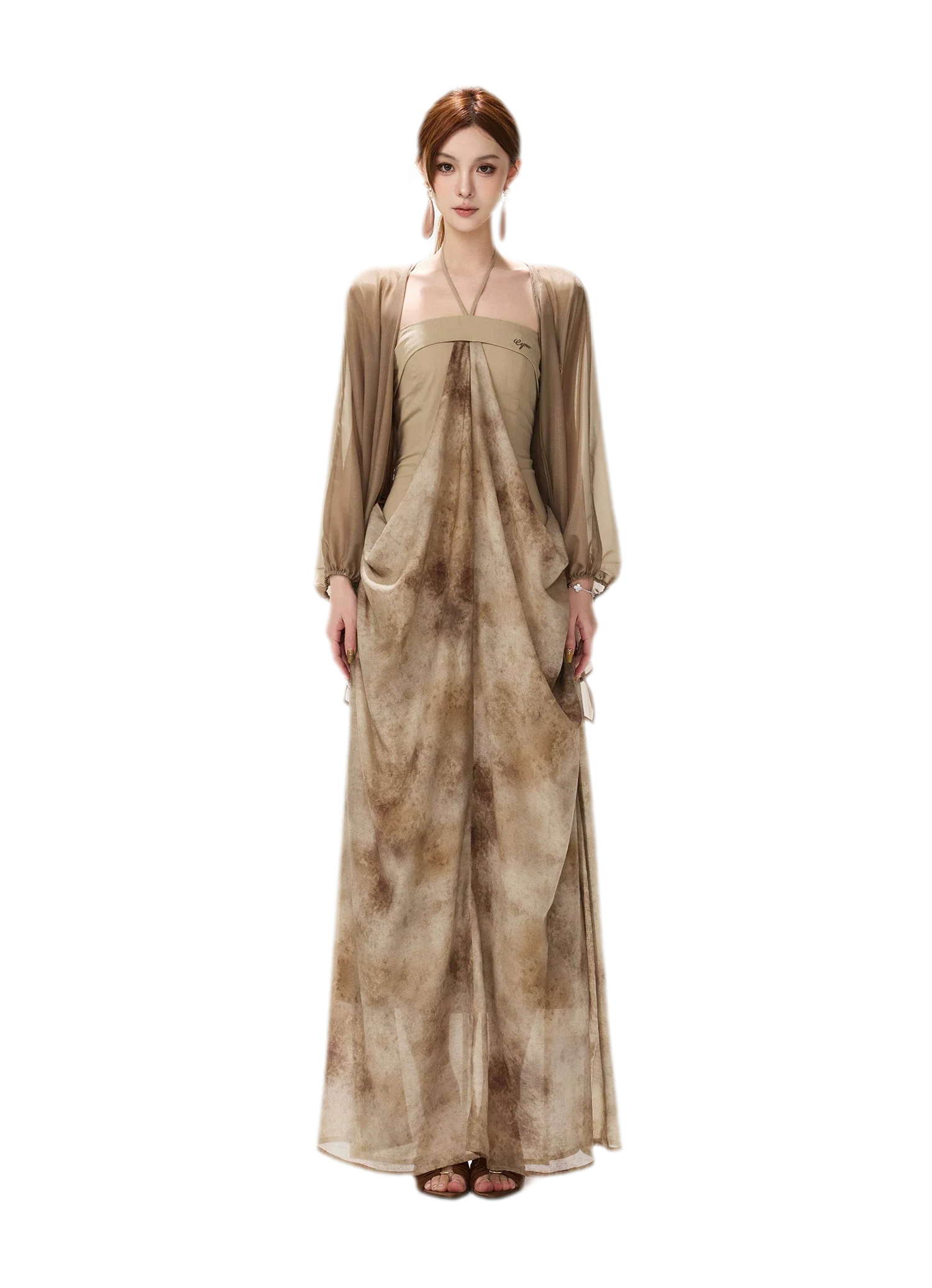 Ink-Wash Pleated Halter Dress