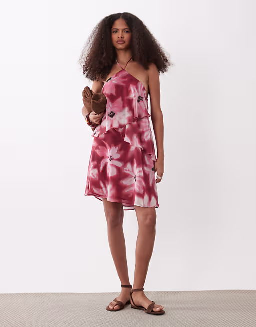 Mango Teen ruffle halterneck mini dress in red floral print