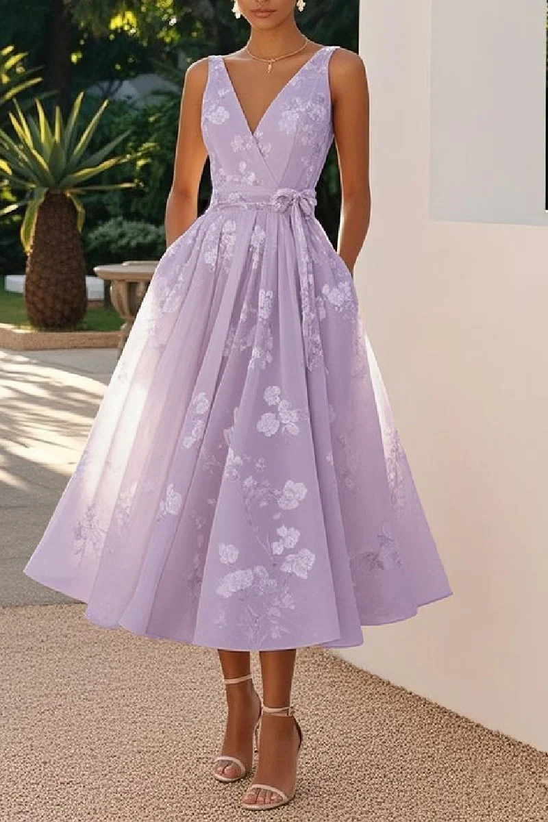 A-Line Tea Length Lace Wedding Guest Dress 936977177647