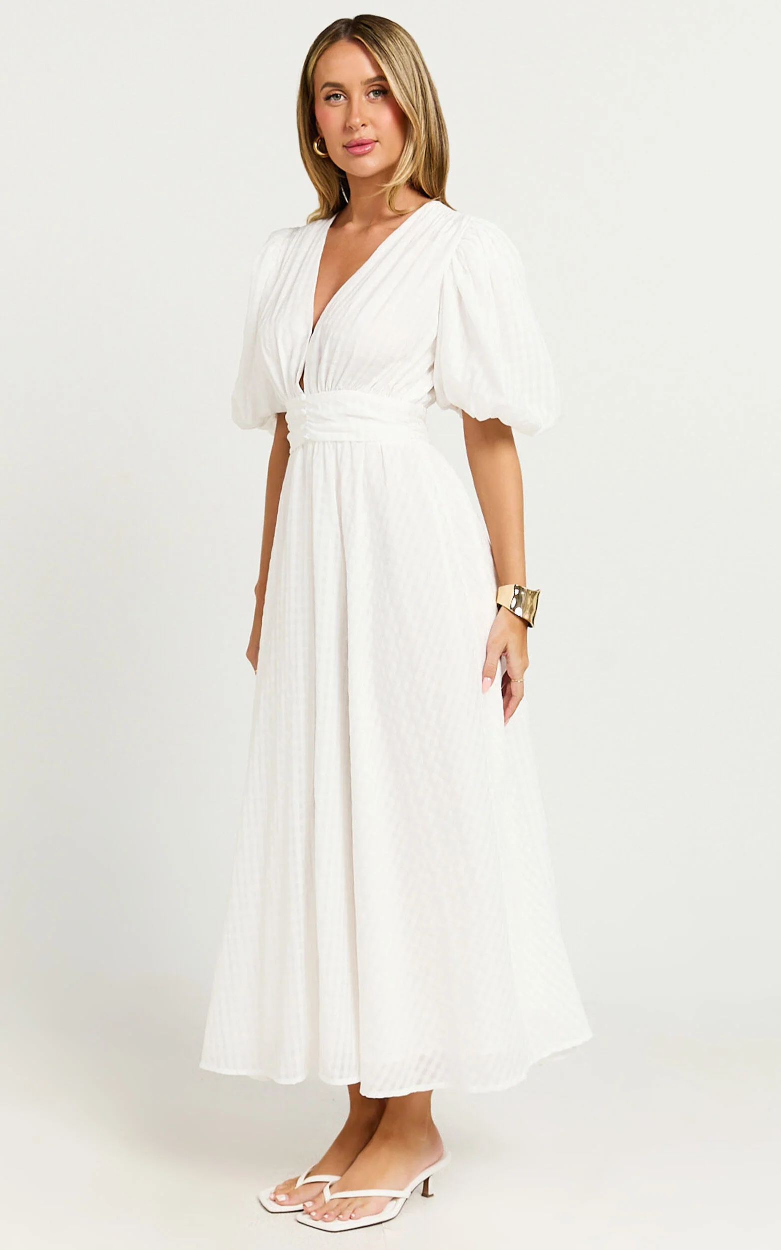 Xandy Midi Dress - Textured Puff Sleeve Plunge Dress in White