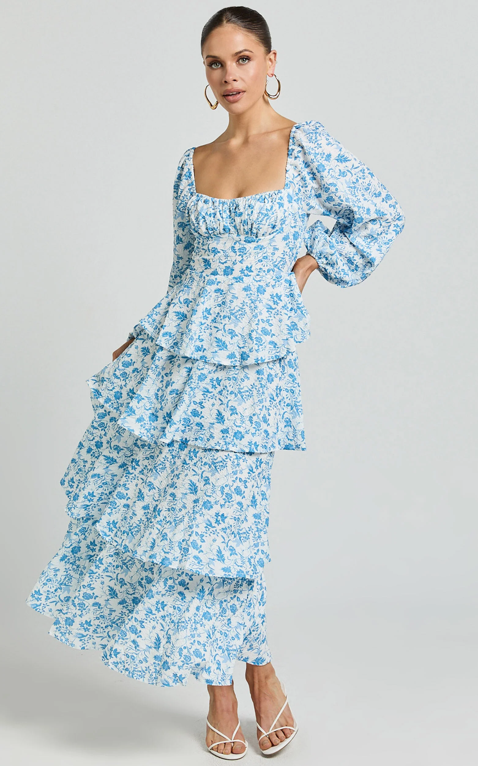Wendy Midi Dress - Sweetheart Long Sleeve Layered Dress in Blue Floral