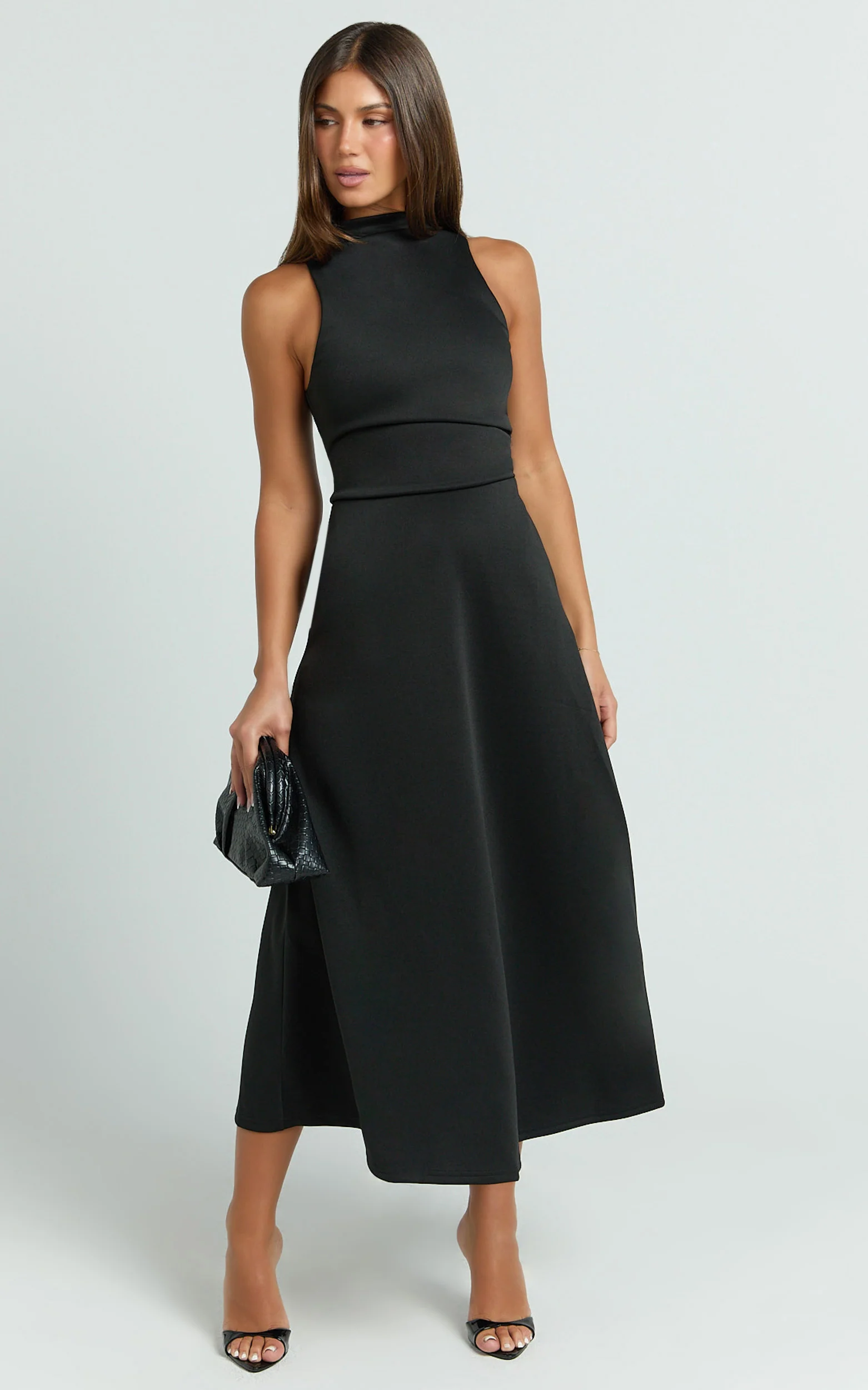 Macy Midi Dress - High Neck A Line Dress in Black