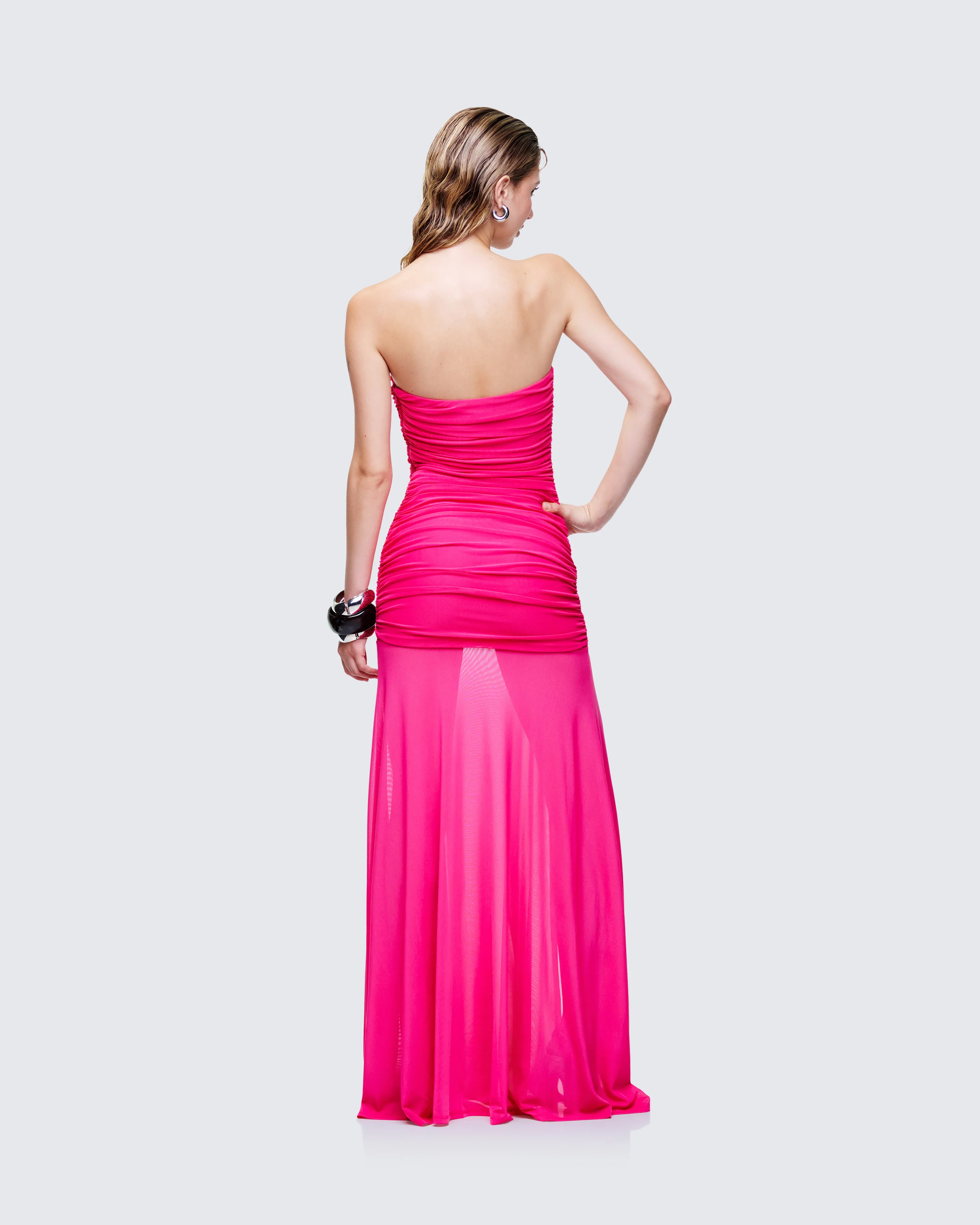 Zea Pink Ruched Mesh Maxi Dress