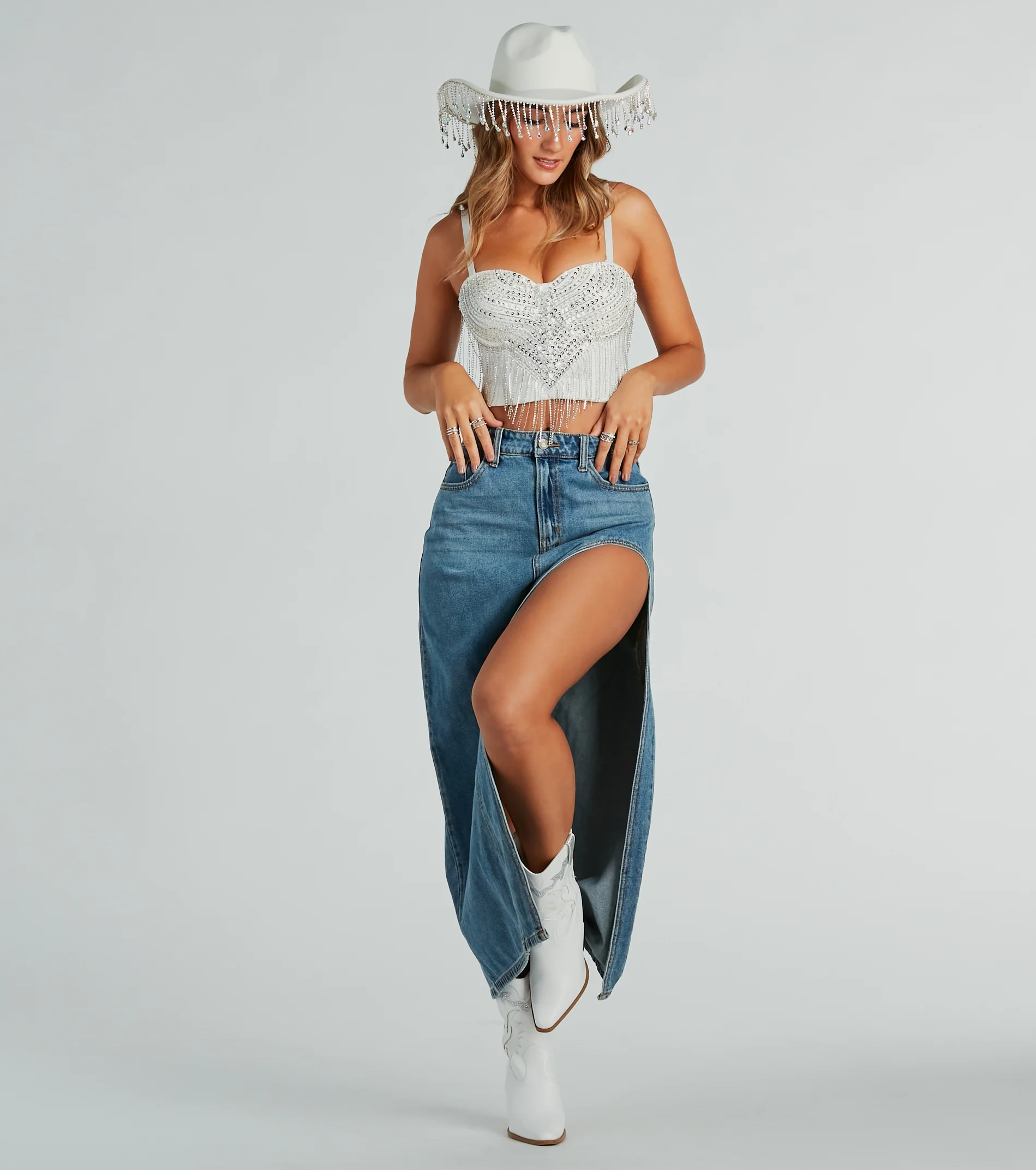 Glam Babe Iridescent Rhinestone Fringe Cowboy Hat