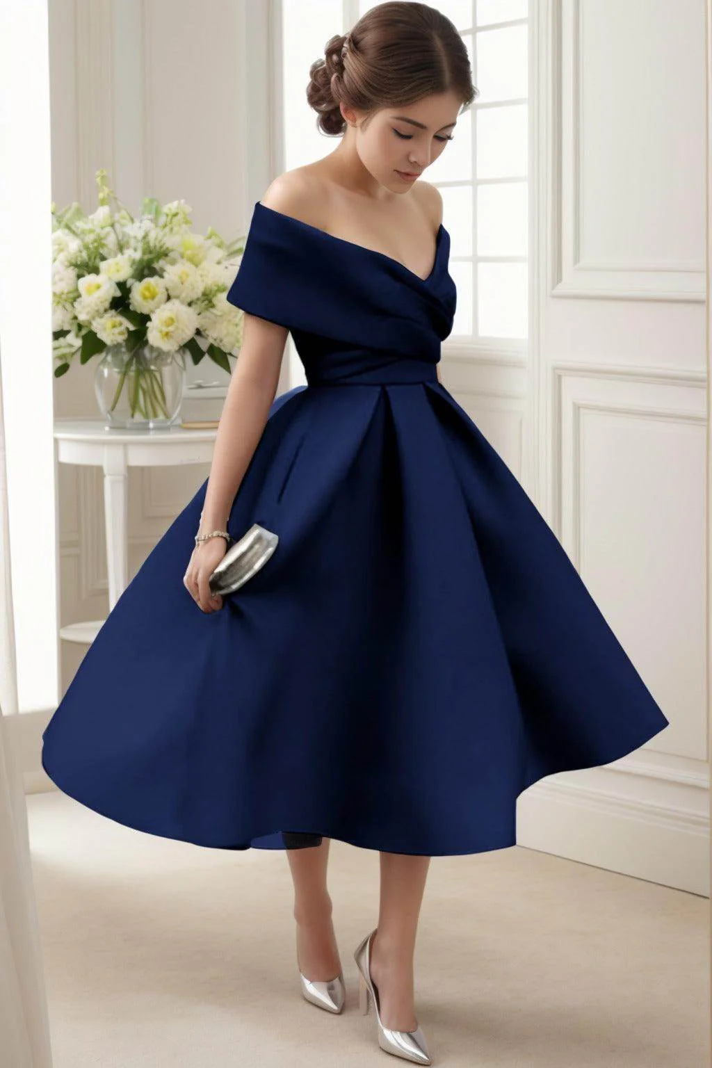 A-Line Tea Length Satin Graduation Dresses CS0556