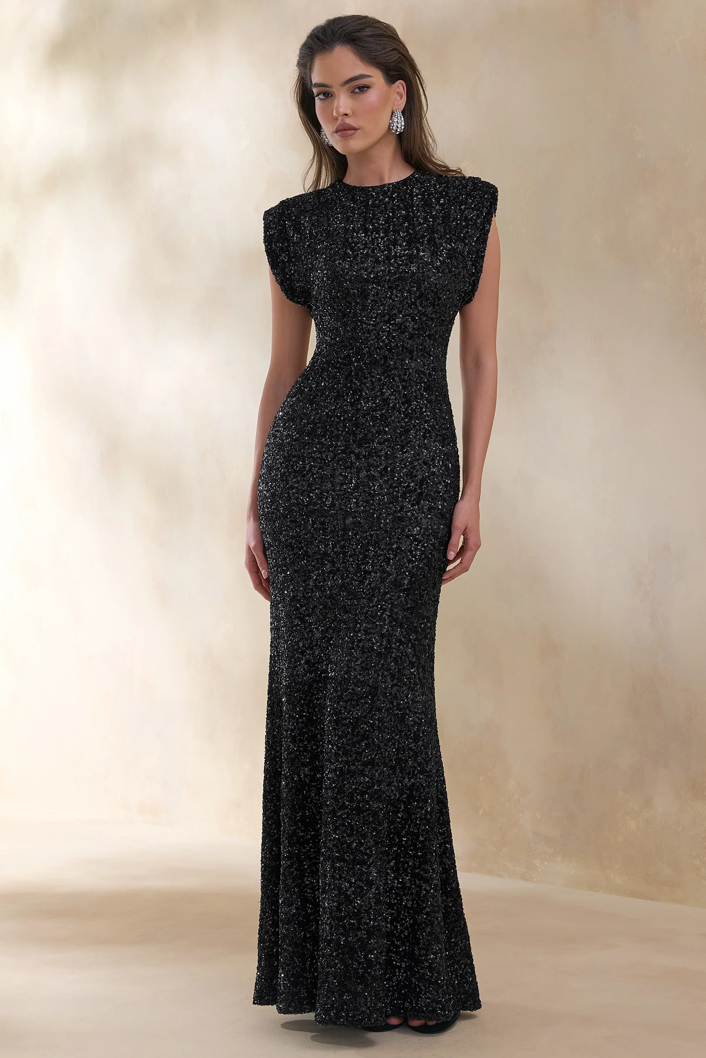Aurah | Black Sequin Crew-Neck Maxi Dress With Cap Sleeves