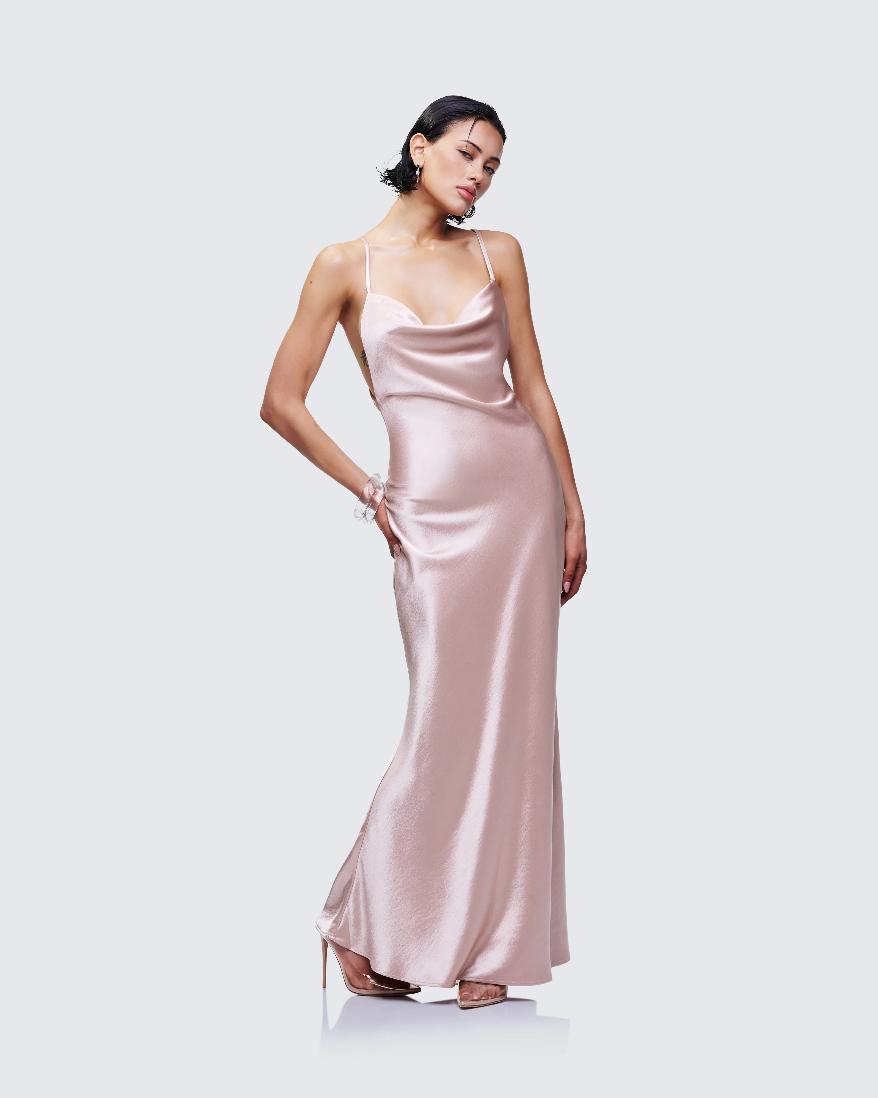 Elspeth Neutral Satin Bias Slip Maxi Dress