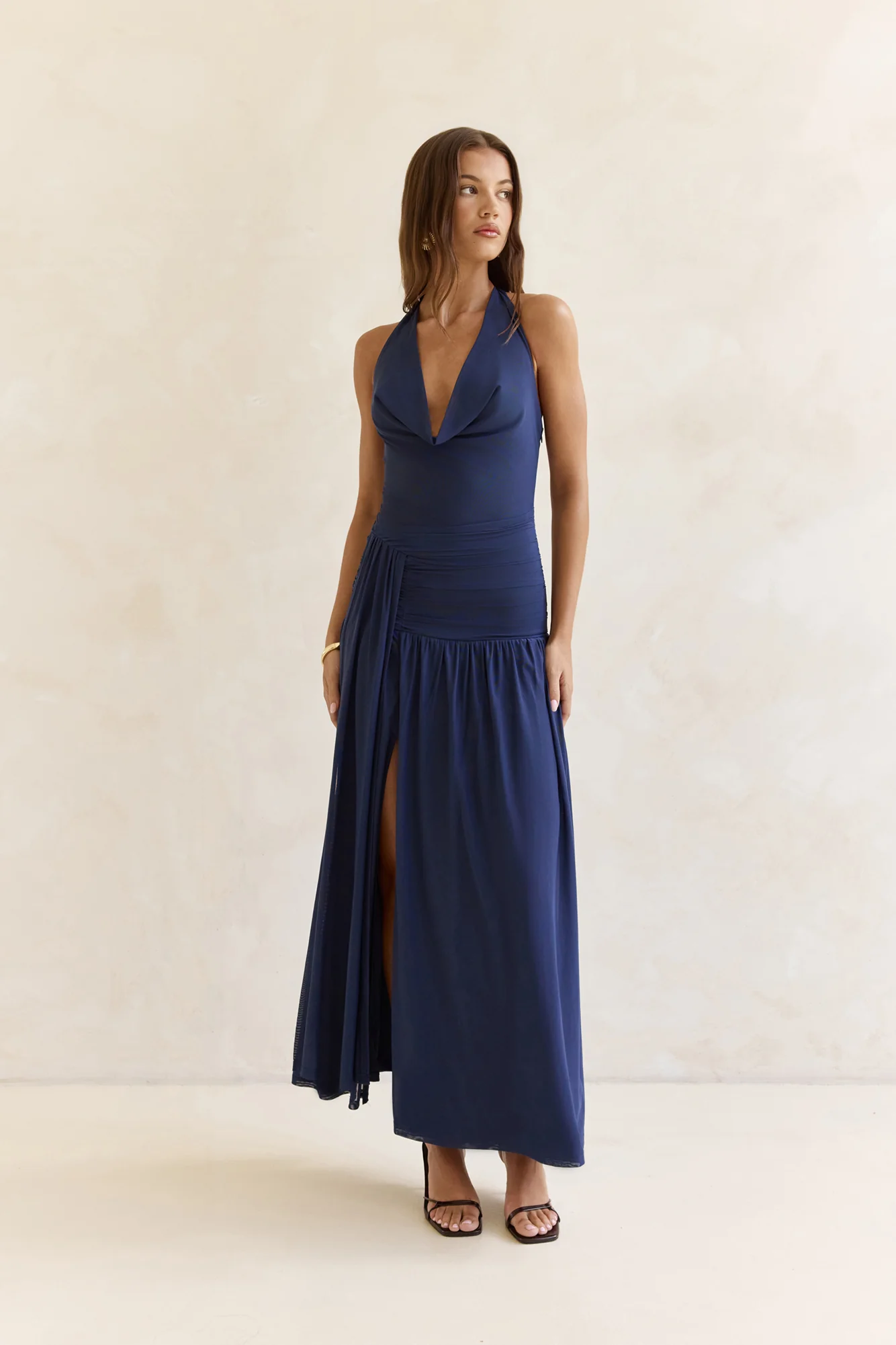 Dancing Skies Mesh Halter Maxi Dress Navy - luluinthesky