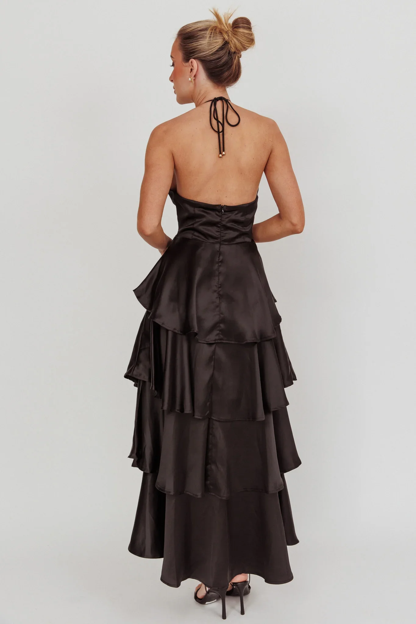Catalina Tiered Ruffle Rosette Maxi Dress Black