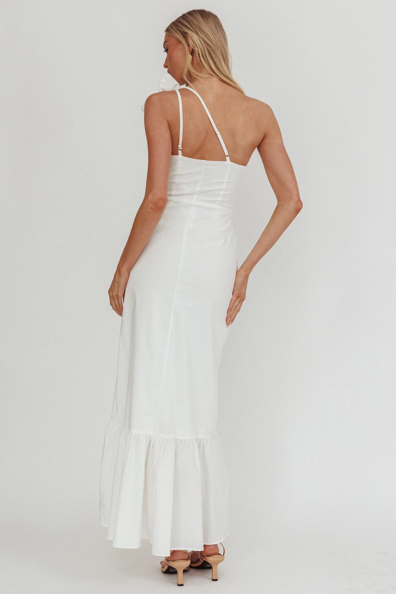 Dena One-Shoulder Frill Hem Maxi Dress White - luluinthesky