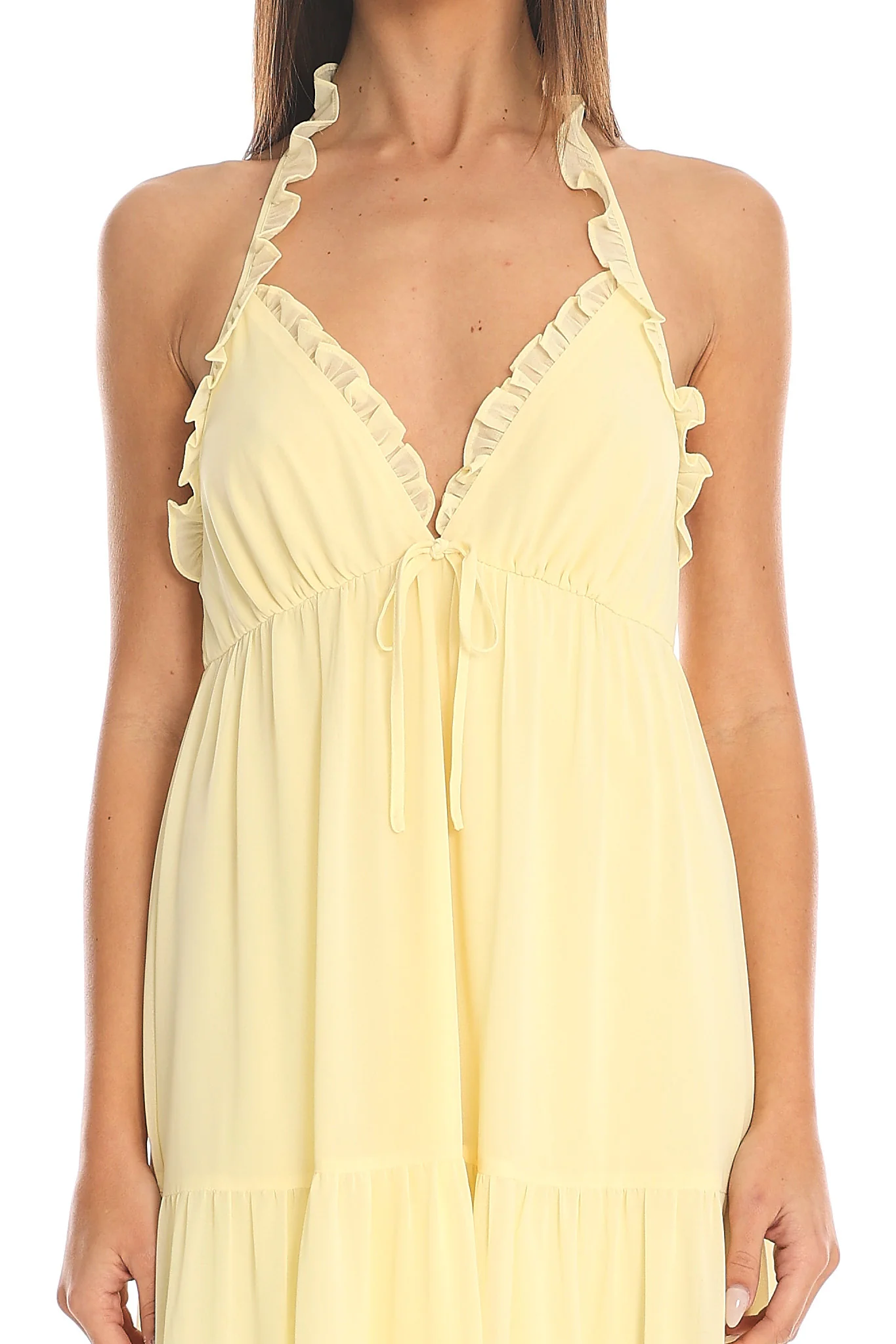 Island Escape Ruffled Halter Dress Butter Yellow - luluinthesky