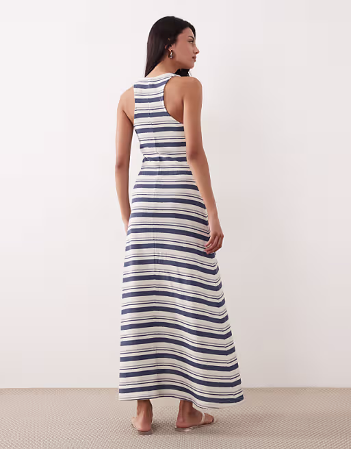 knit jersey racer midi dress in blue and cream stripe