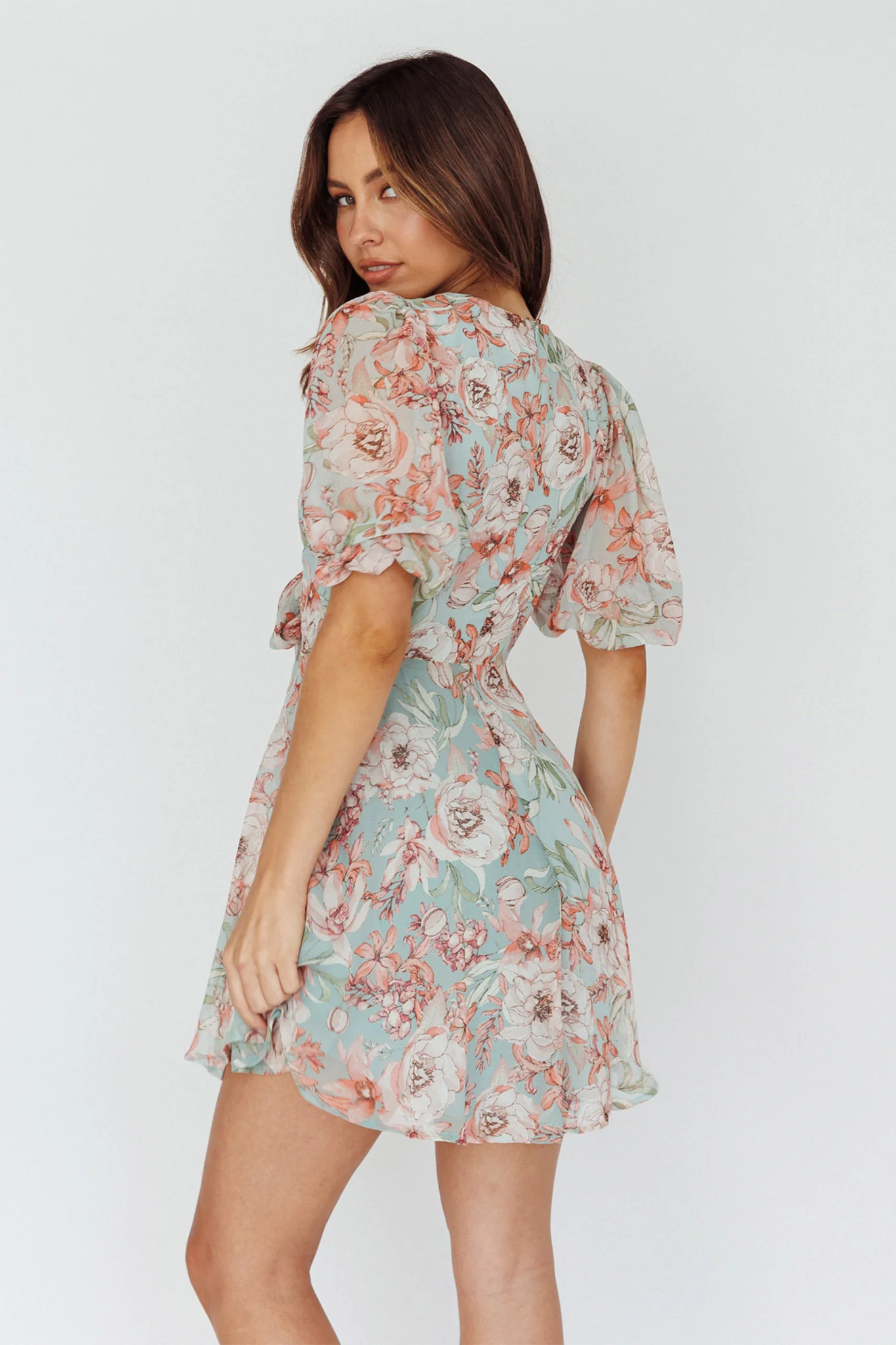 Madison Bow Tie Bust Puff Sleeve Dress Floral Mint