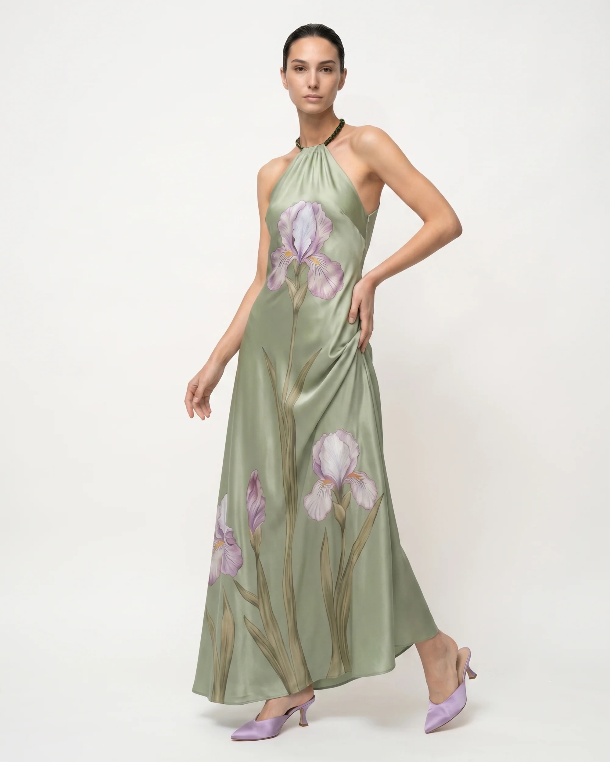 Iris Floral Print Halter Maxi Dress - Pistachio